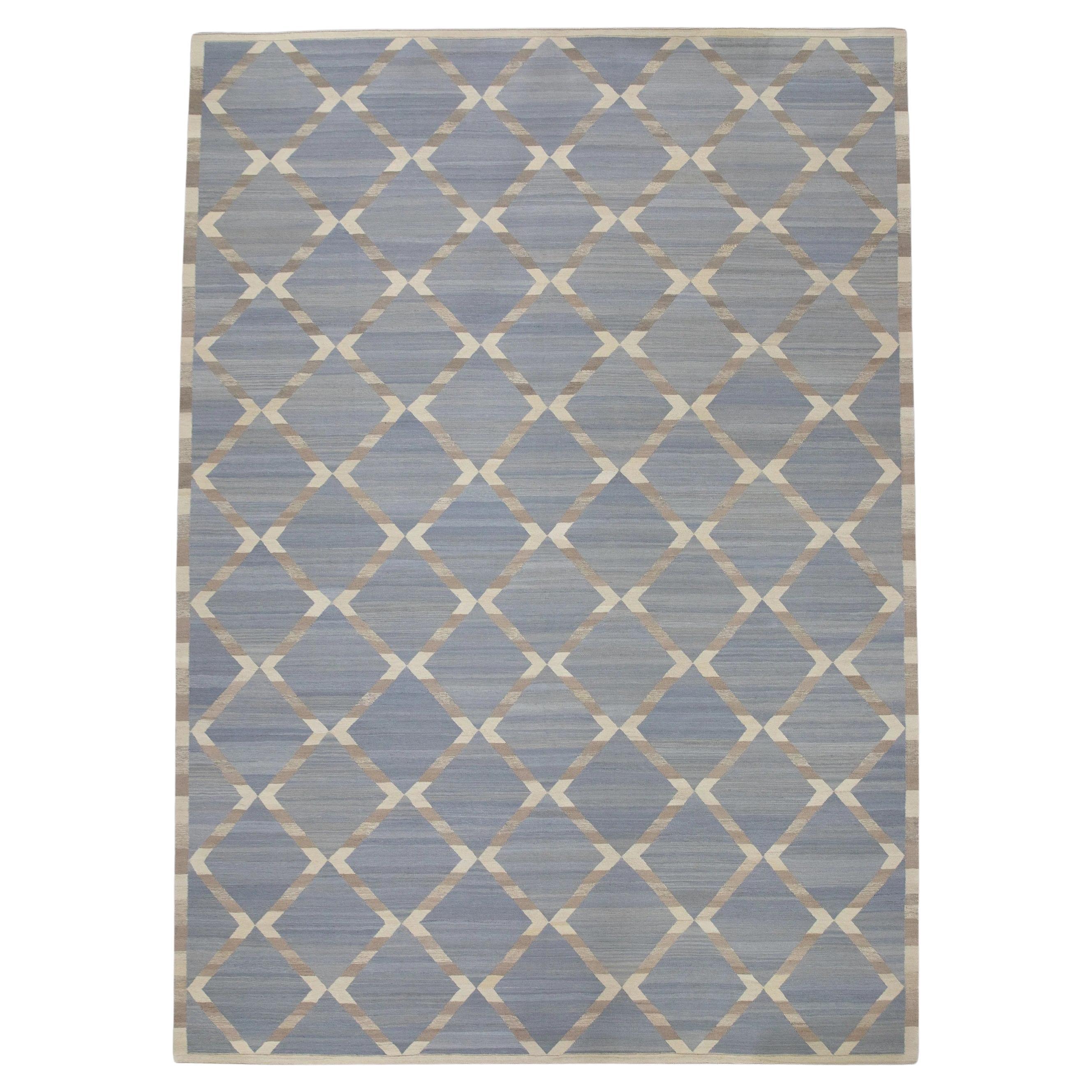 Blue and Gray Geometric Design Flatweave Handmade Wool Rug 10'4" X 14'5"