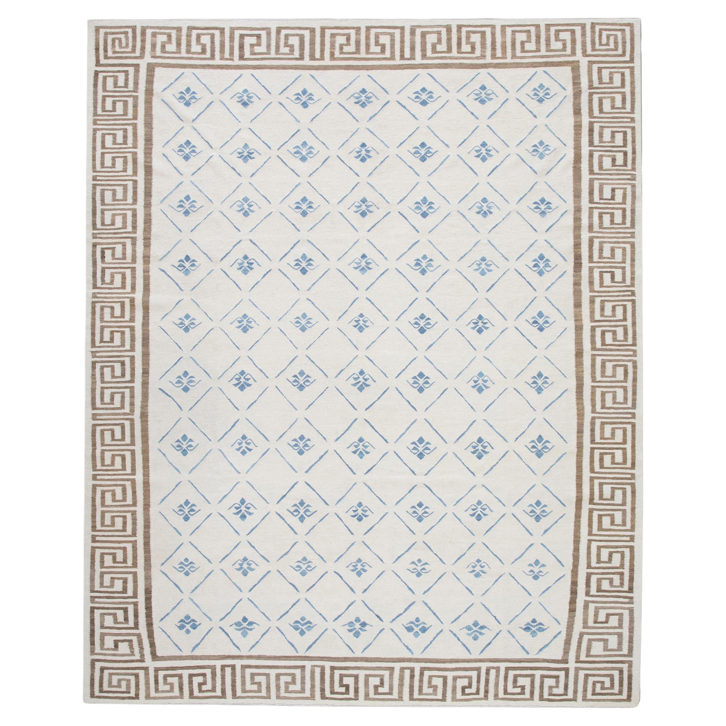 Blue and Brown Modern Flatweave Handmade Wool Rug Made-to-Order Custom Sizes For Sale