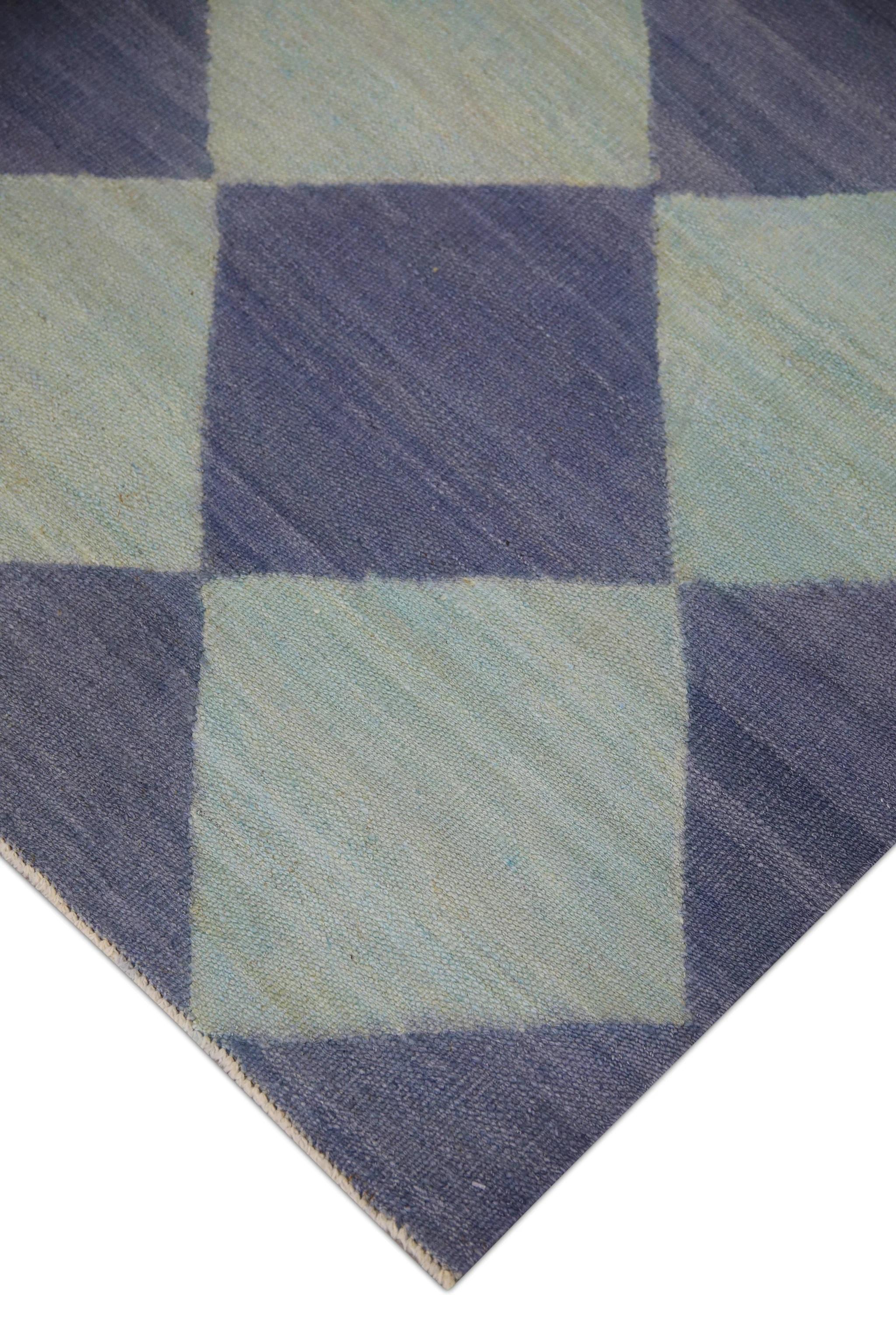 Modern Blue Checkered Pattern Flatweave Handmade Wool Runner 2'10
