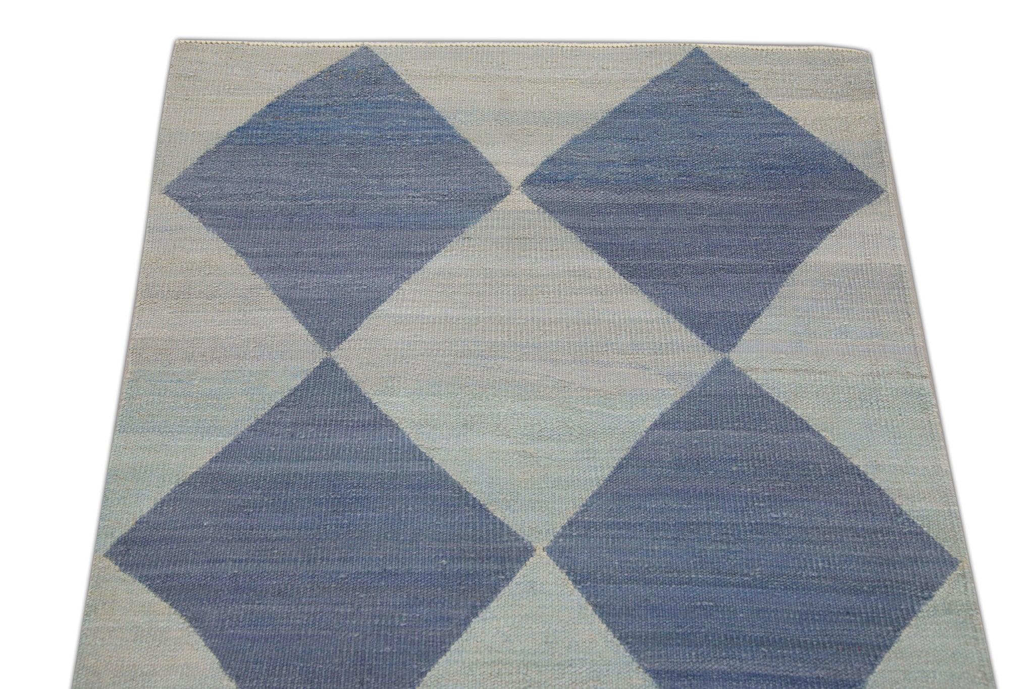 Modern Blue Checkered Pattern Flatweave Handmade Wool Runner 2'11