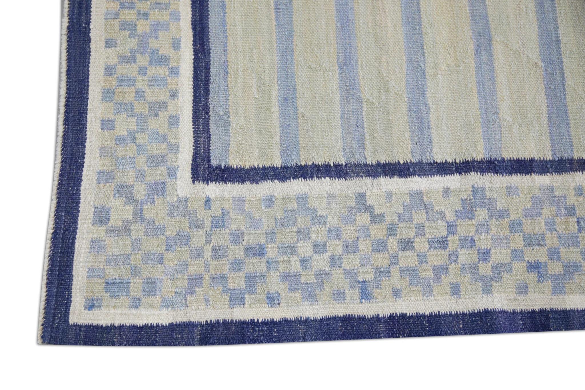 Modern Green and Blue Geometric Pattern Flatweave Handmade Wool Runner 3' X 12' For Sale