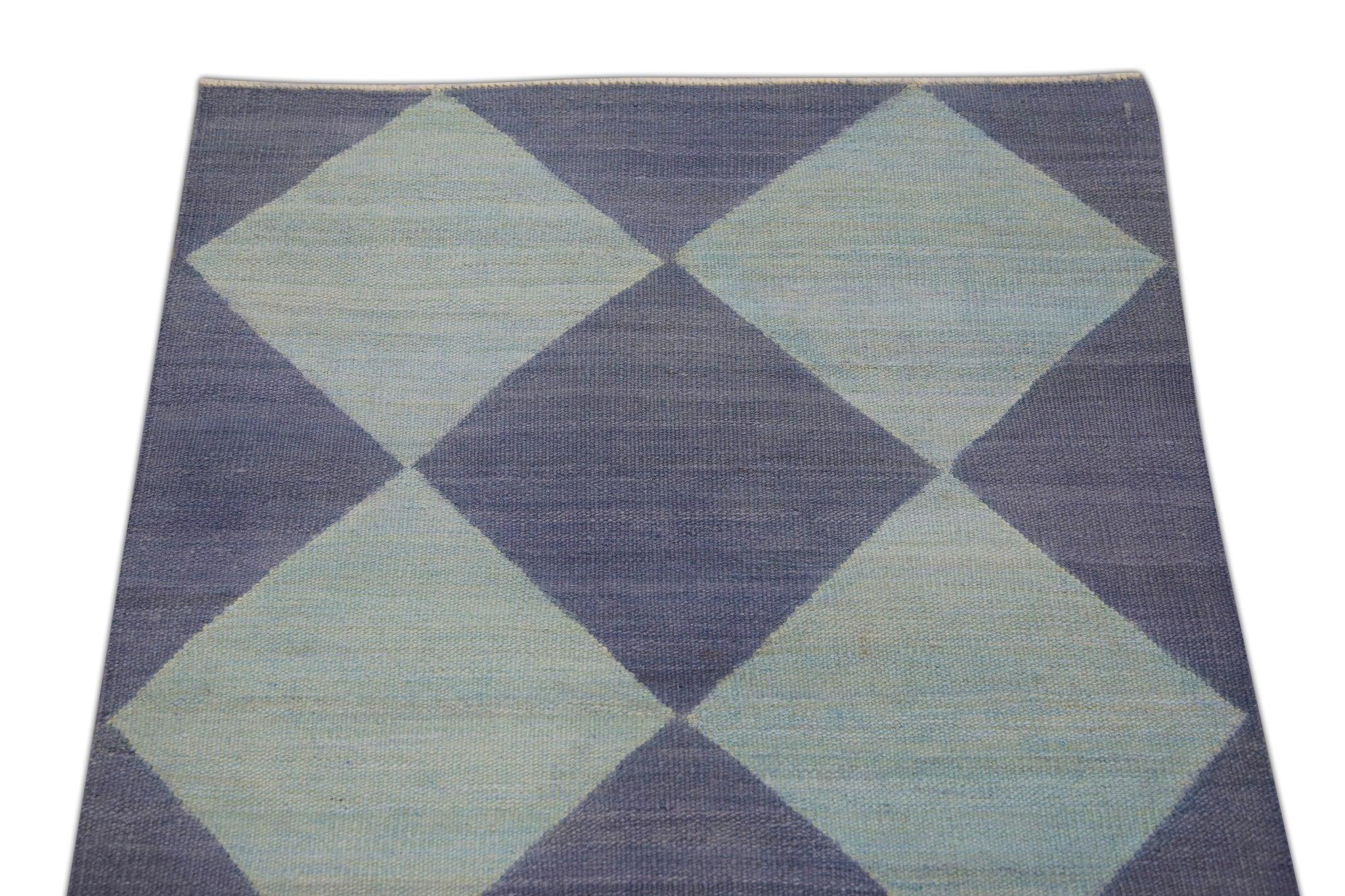 Turkish Blue Checkered Pattern Flatweave Handmade Wool Runner 2'10