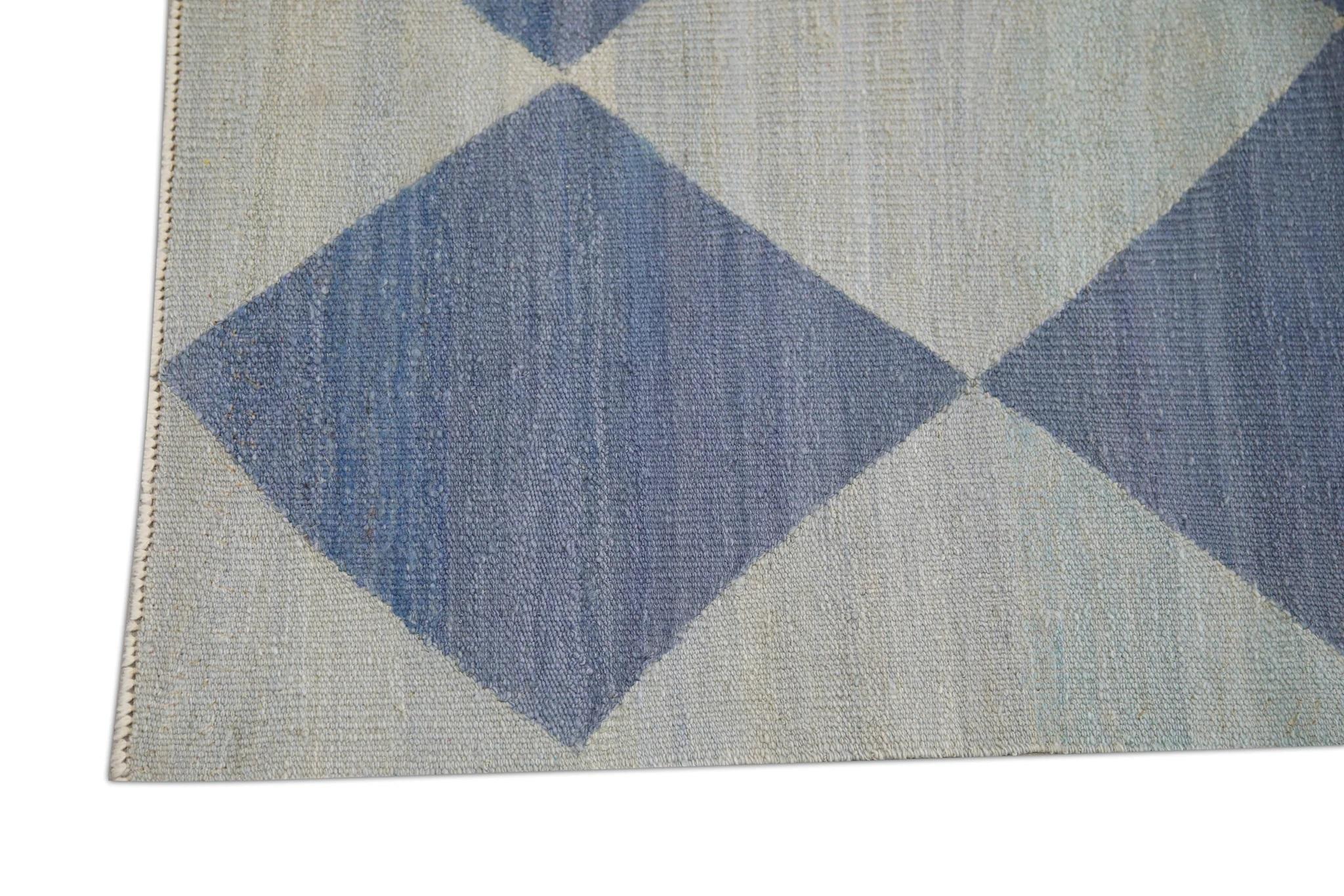 Turkish Blue Checkered Pattern Flatweave Handmade Wool Runner 2'11