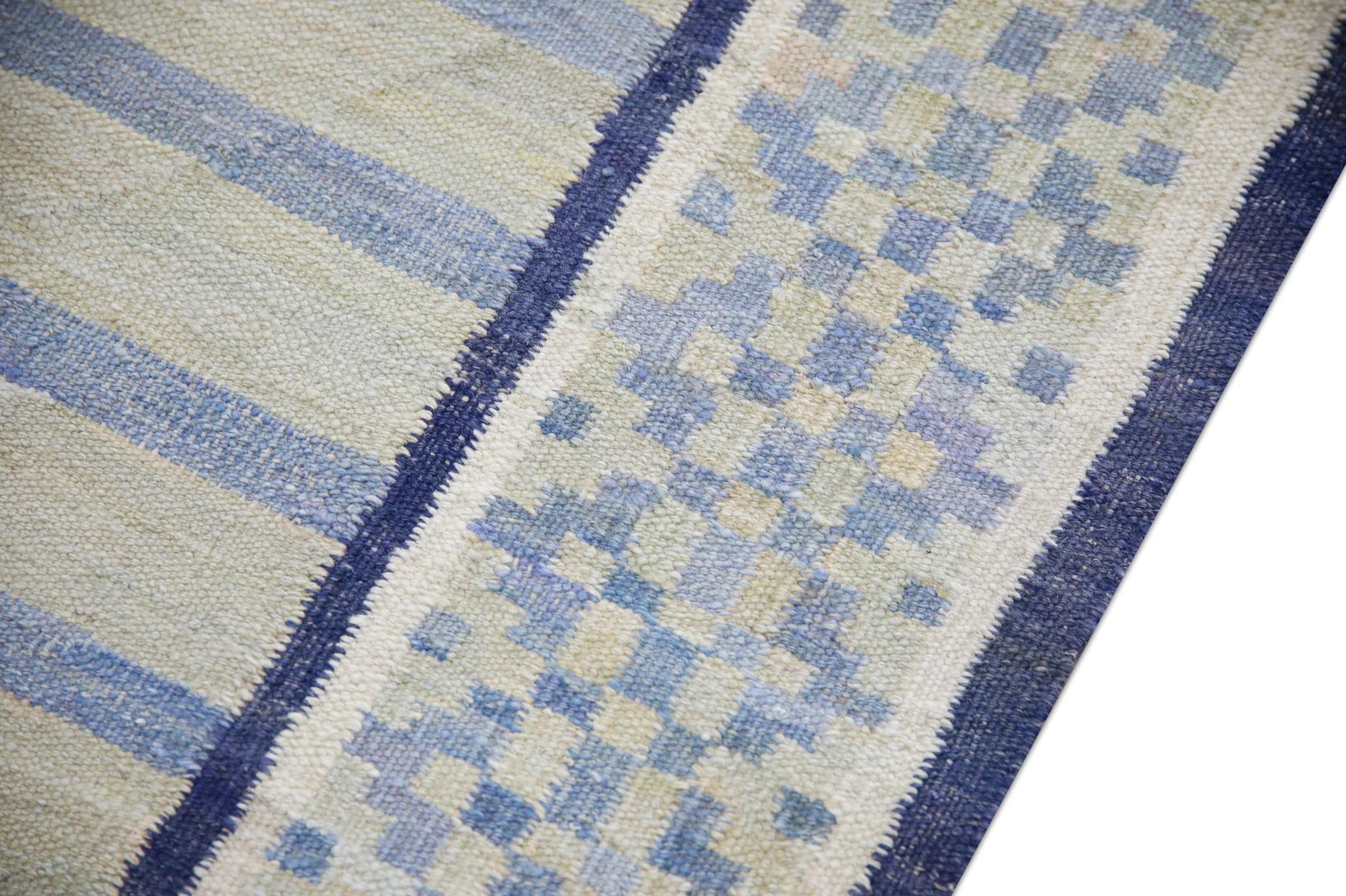 Turkish Green and Blue Geometric Pattern Flatweave Handmade Wool Runner 3' X 12' For Sale
