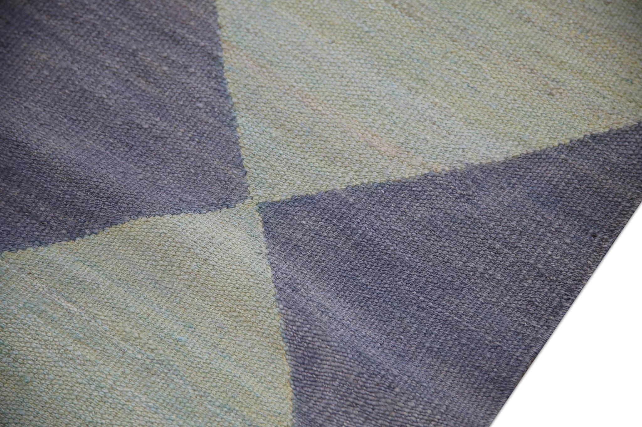 Vegetable Dyed Blue Checkered Pattern Flatweave Handmade Wool Runner 2'10