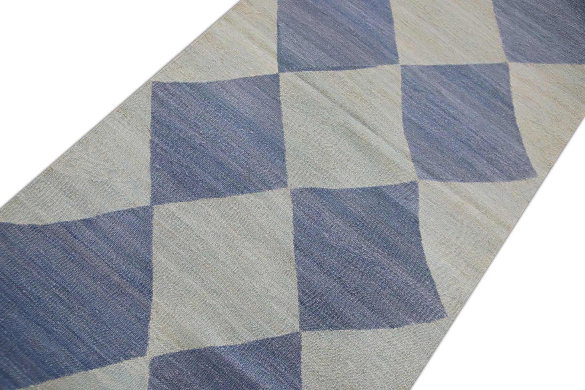 Hand-Woven Blue Checkered Pattern Flatweave Handmade Wool Runner 2'11