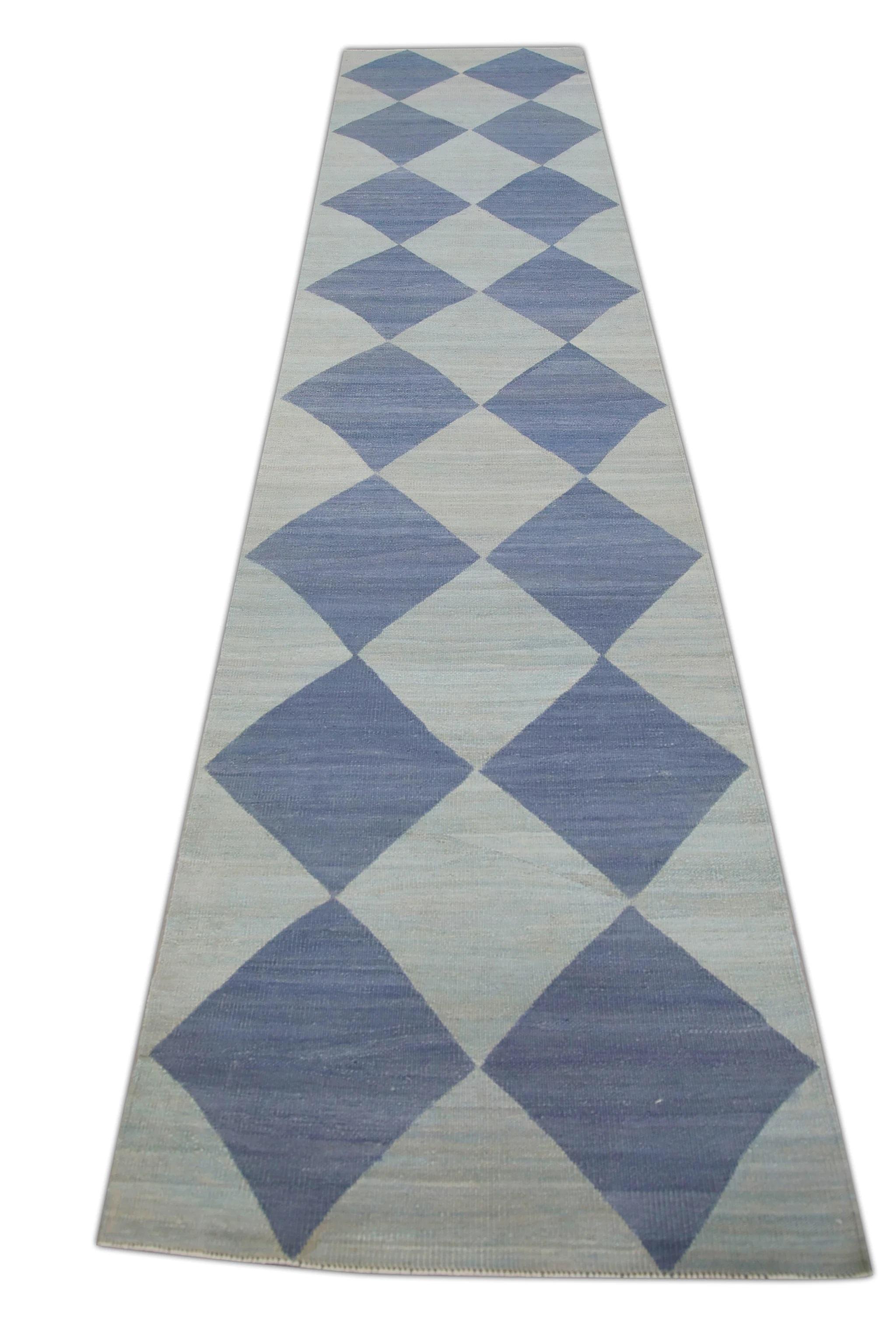 Blue Checkered Pattern Flatweave Handmade Wool Runner 2'11