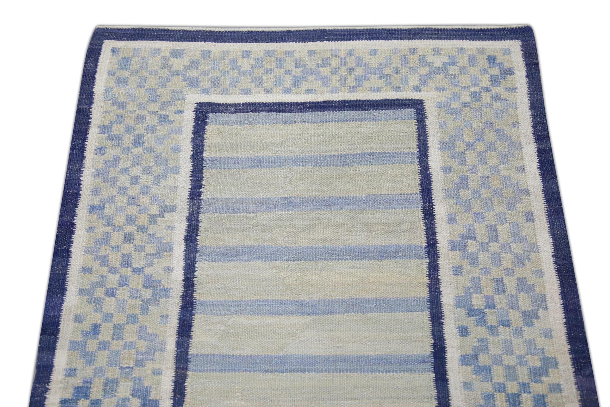 Green and Blue Geometric Pattern Flatweave Handmade Wool Runner 3' X 12' In New Condition For Sale In Houston, TX