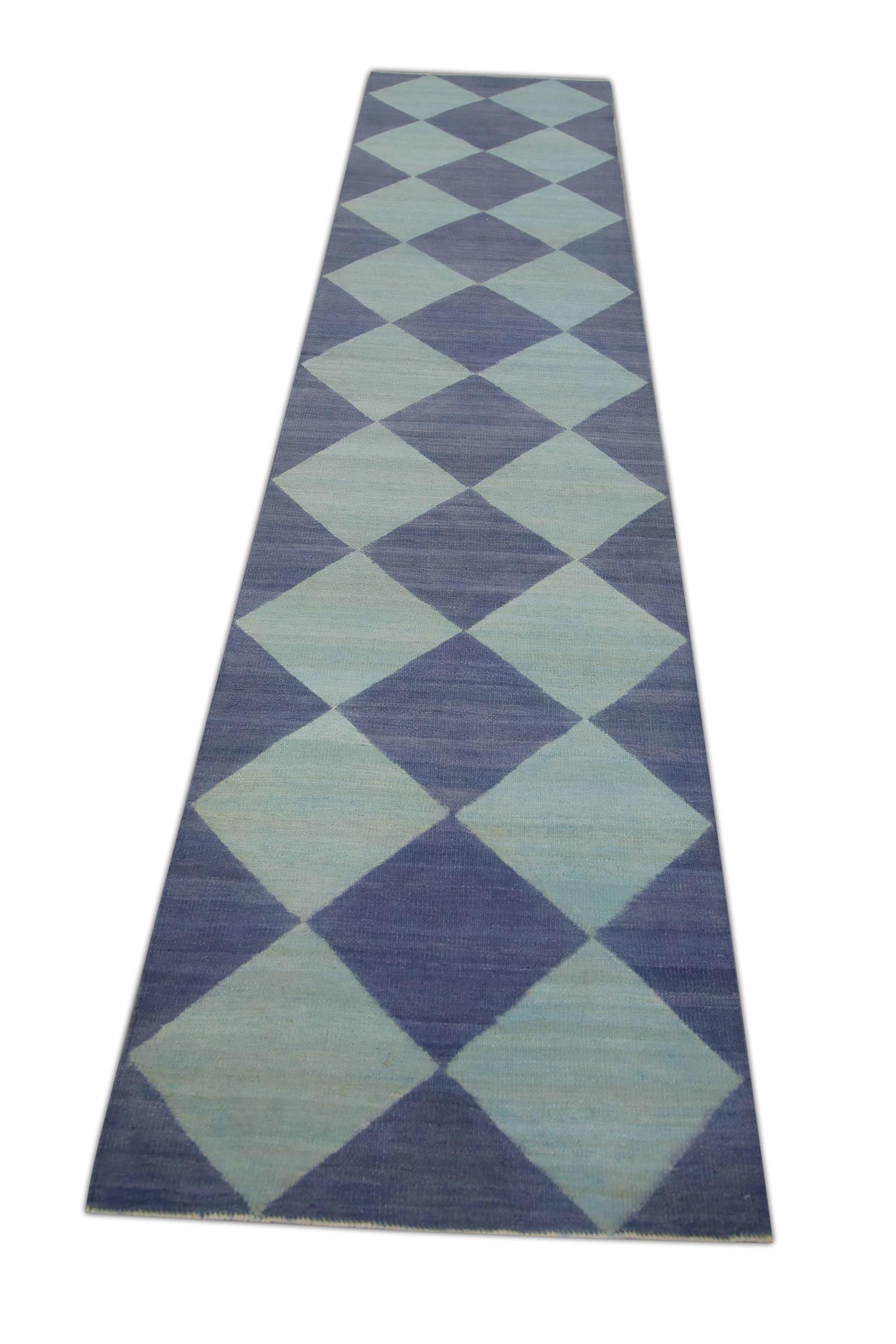 Contemporary Blue Checkered Pattern Flatweave Handmade Wool Runner 2'10