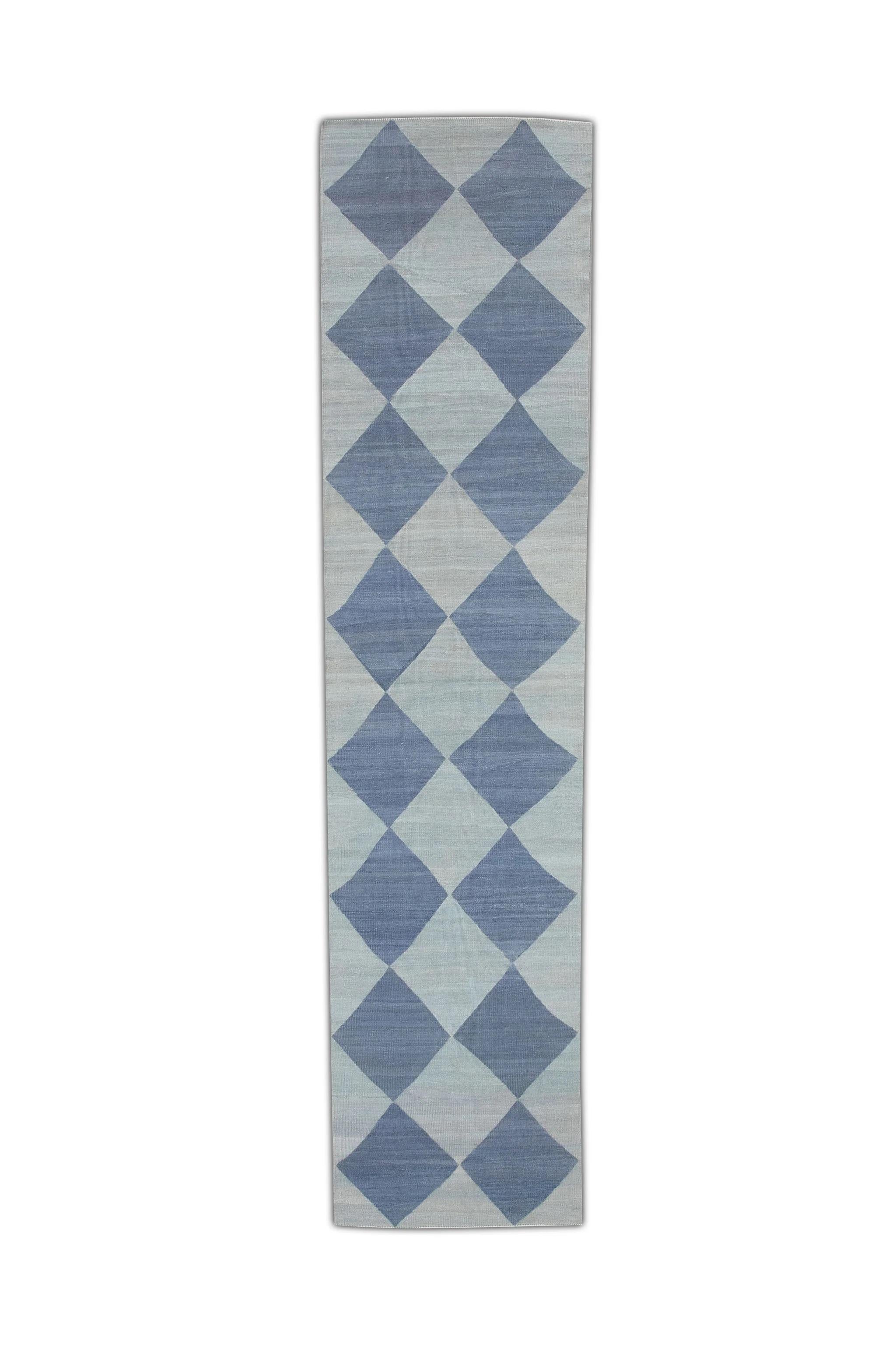 Contemporary Blue Checkered Pattern Flatweave Handmade Wool Runner 2'11