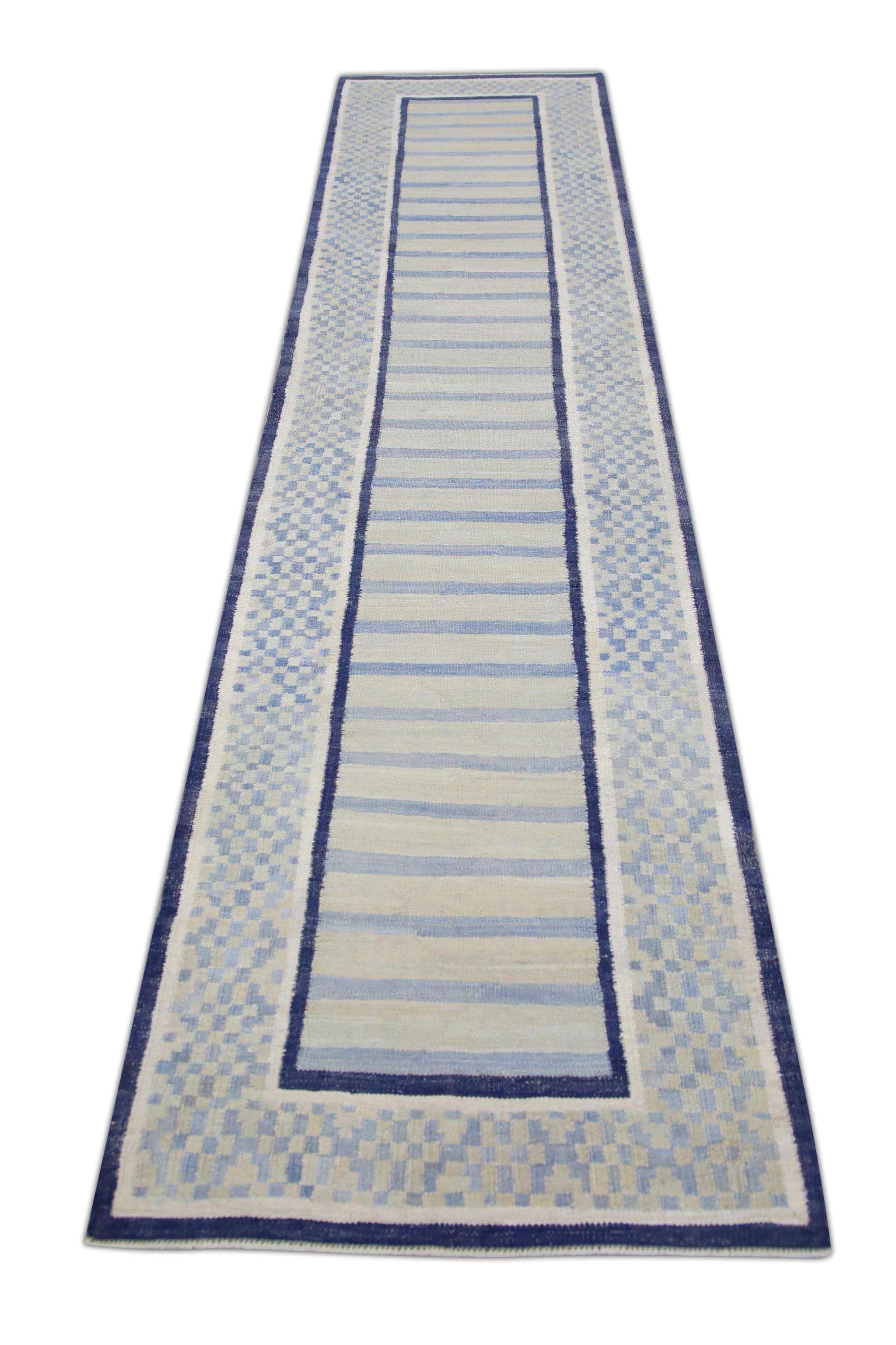 Contemporary Green and Blue Geometric Pattern Flatweave Handmade Wool Runner 3' X 12' For Sale