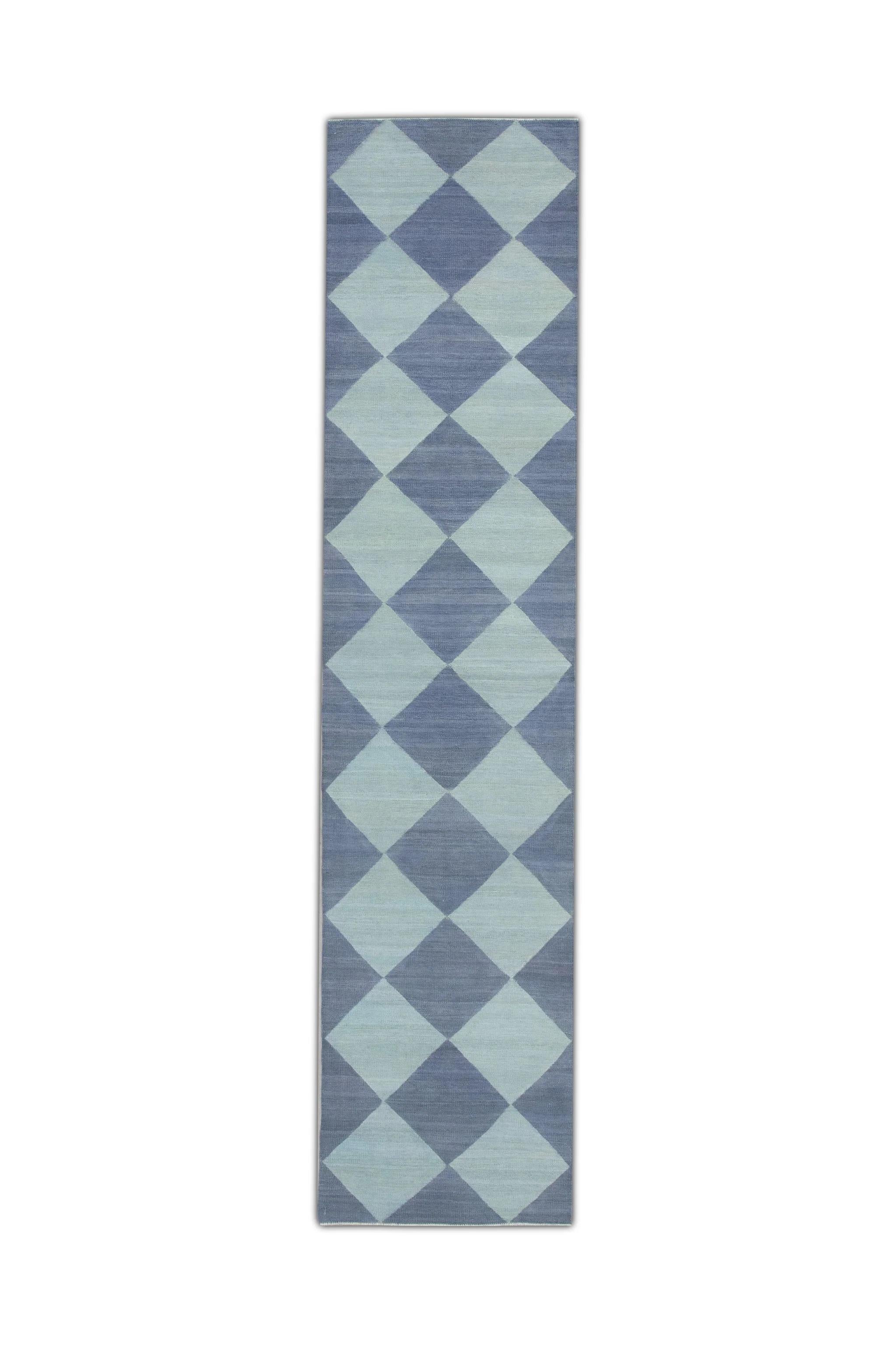 Blue Checkered Pattern Flatweave Handmade Wool Runner 2'10