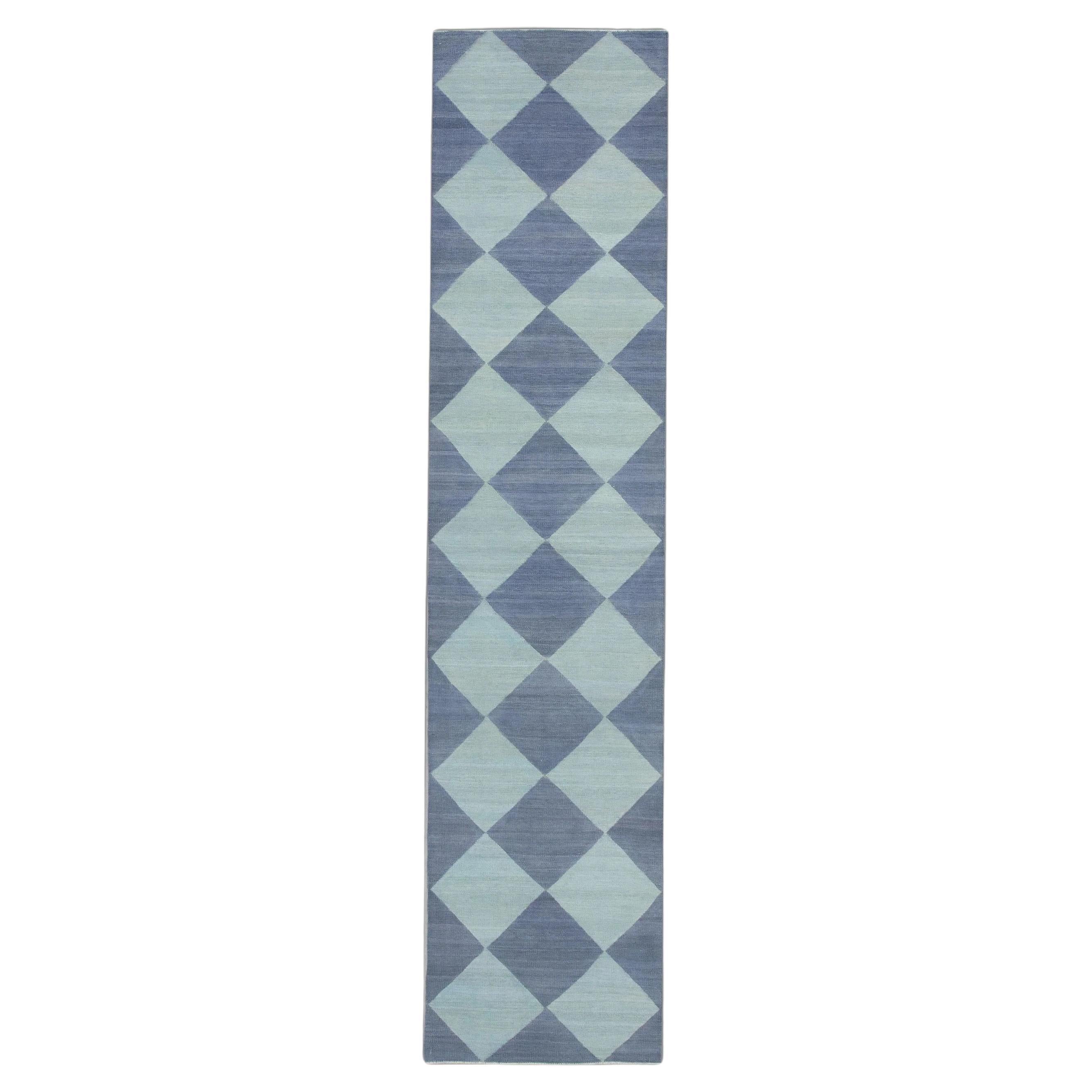 Blue Checkered Pattern Flatweave Handmade Wool Runner 2'10" X 12'6" For Sale