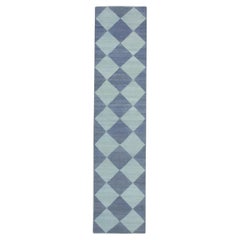 Blue Checkered Pattern Flatweave Handmade Wool Runner 2'10" X 12'6"