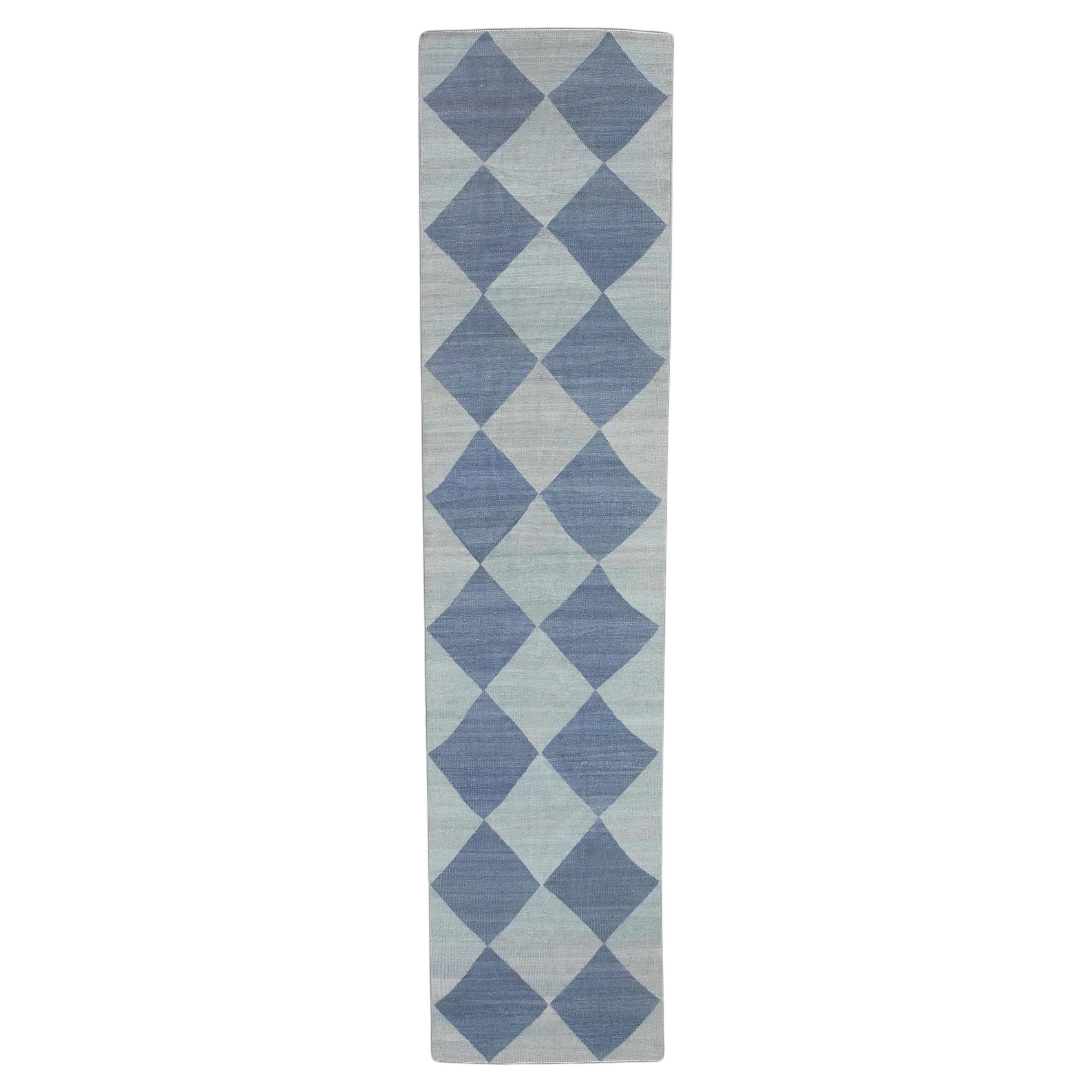 Blue Checkered Pattern Flatweave Handmade Wool Runner 2'11" X 12'8" For Sale