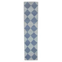 Blue Checkered Pattern Flatweave Handmade Wool Runner 2'11" X 12'8"