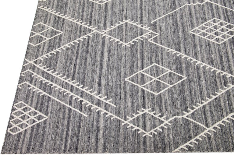 Modern Flatweave Kilim Gray Geometric Wool Rug By Apadana For Sale at