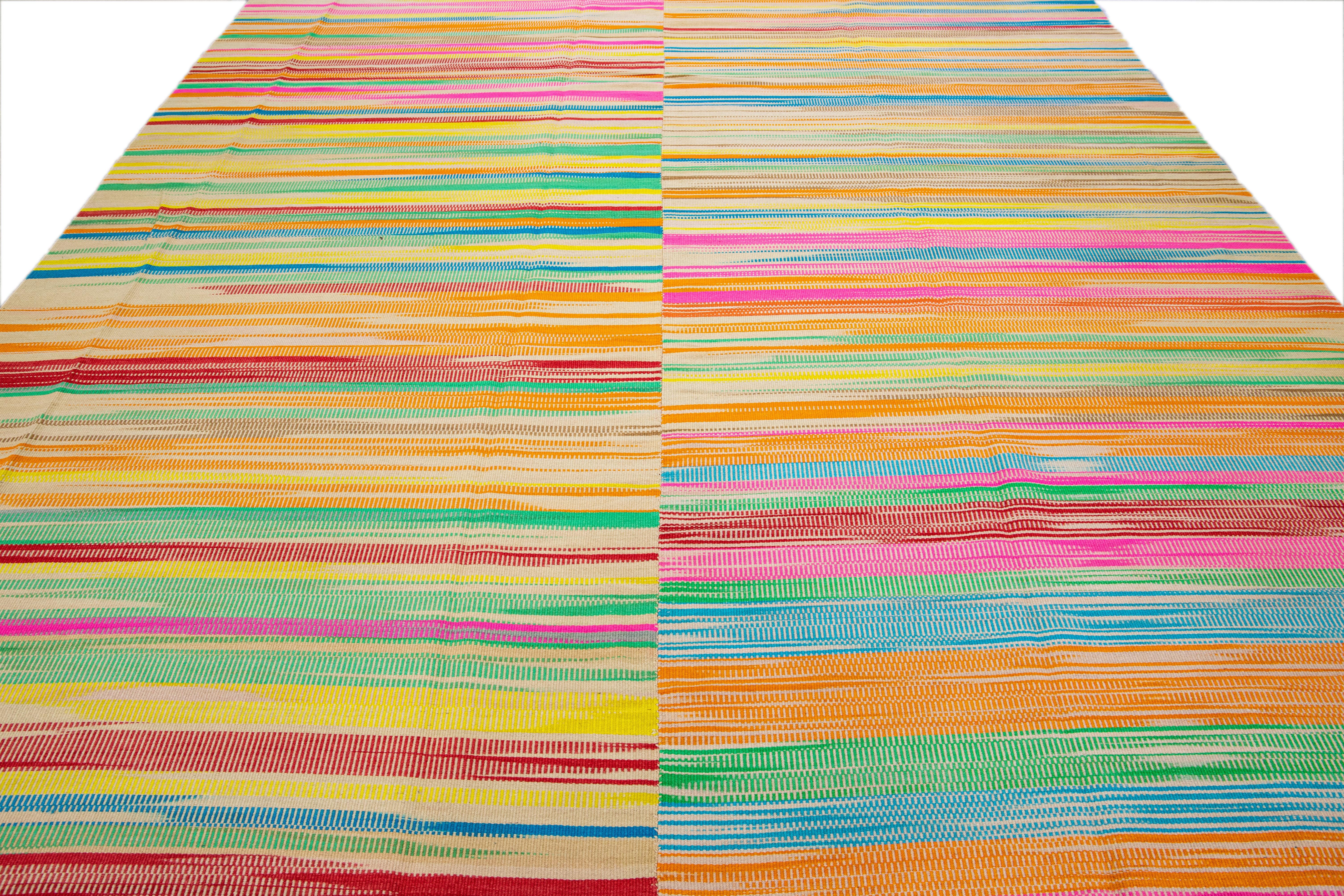 Turkish Modern Flatweave Kilim Multicolor Handmade Abstract Wool Rug For Sale