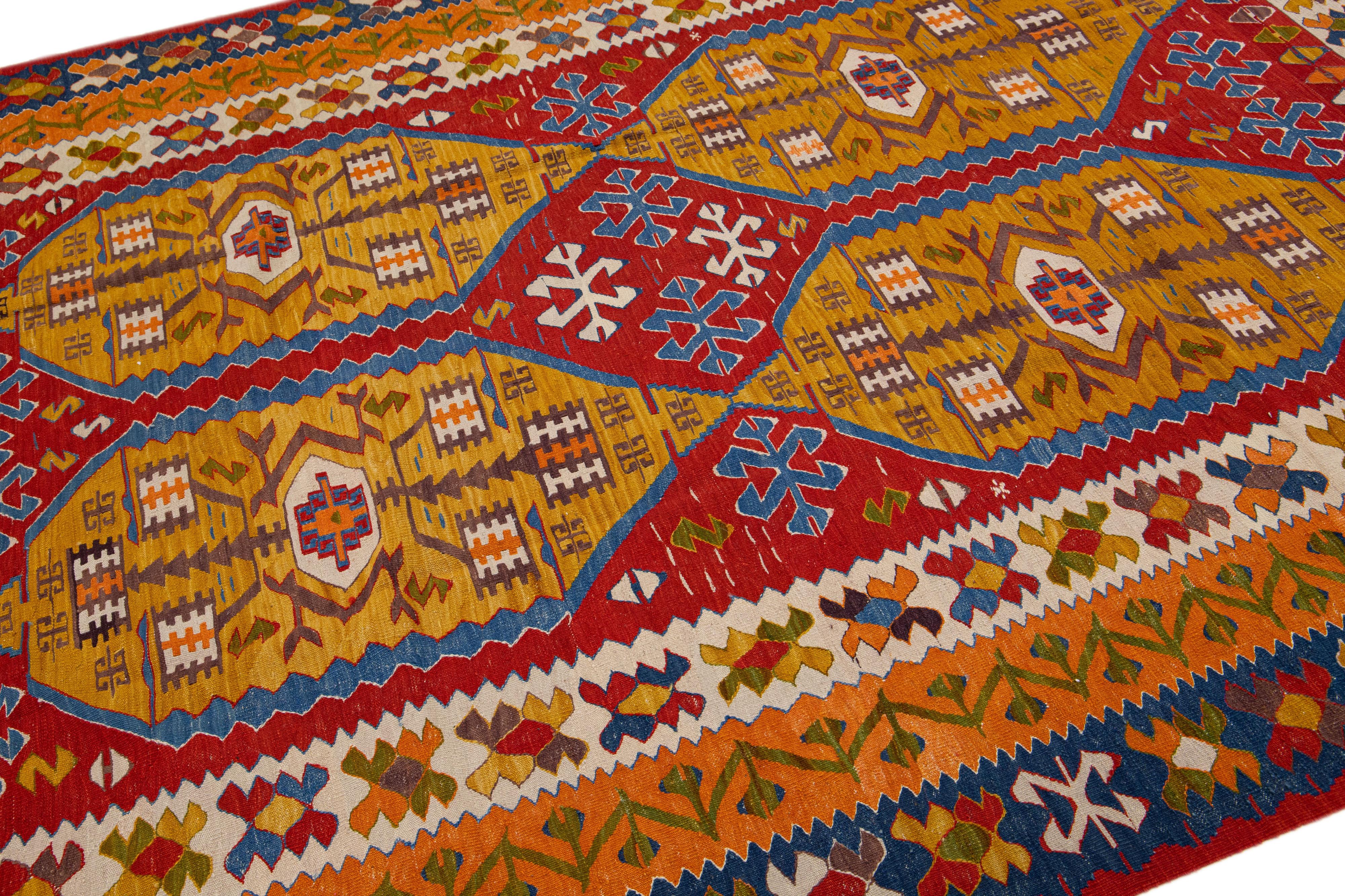 Turkish Modern Flatweave Kilim Multicolor Wool Rug with Allover Motif For Sale