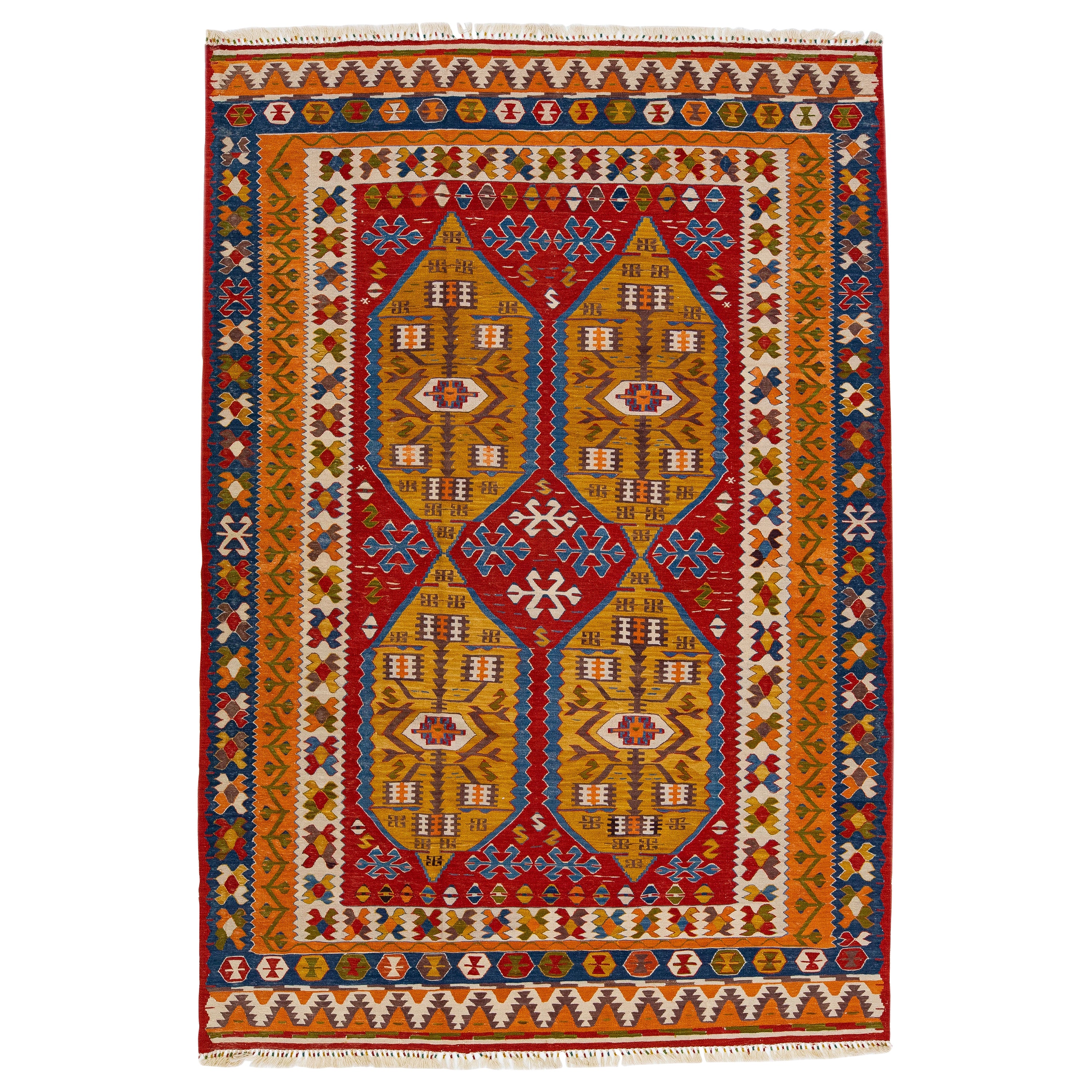 Moderner flachgewebter Kilim-Teppich aus mehrfarbiger Wolle mit Allover-Motiv im Angebot