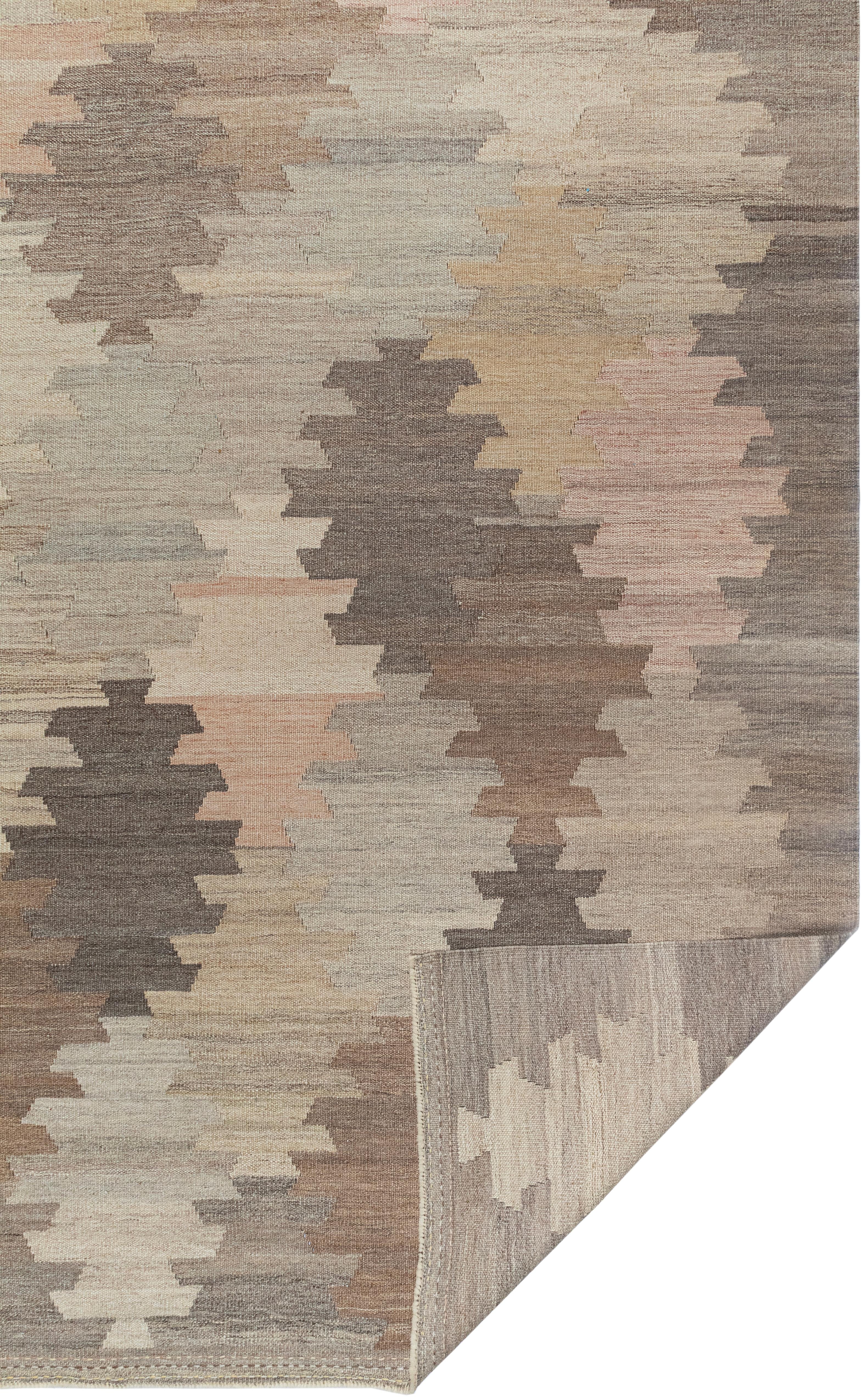 Moderner flachgewebter Kilim-Teppich in Erdtönen - Handgewebte Wolle Geometrisches Design im Angebot 2