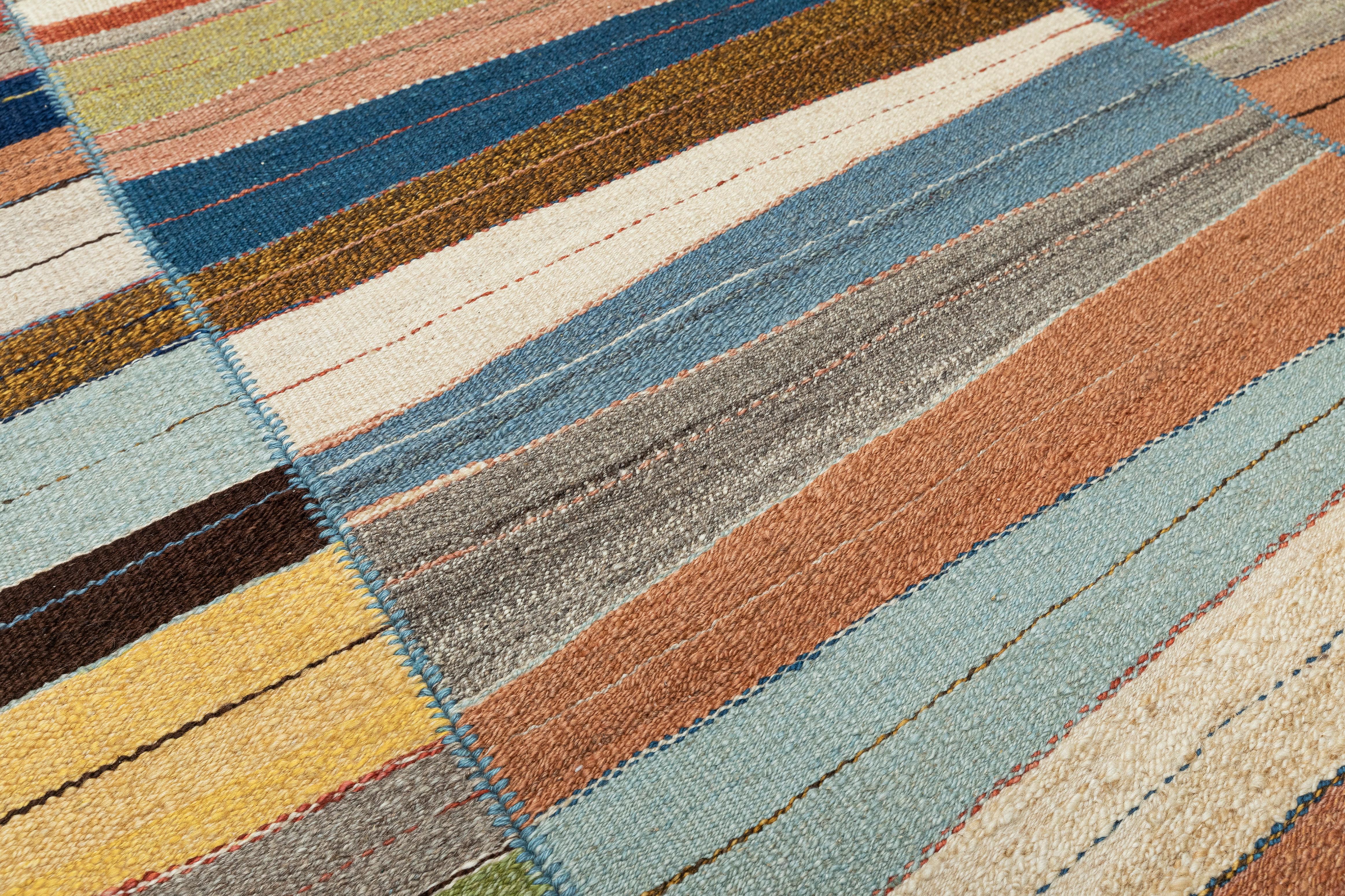 Alfombra Kilim Moderna de Tejido Plano con Patrón Ondulado Multicolor - Lana Tejida a Mano Moderno orgánico en venta