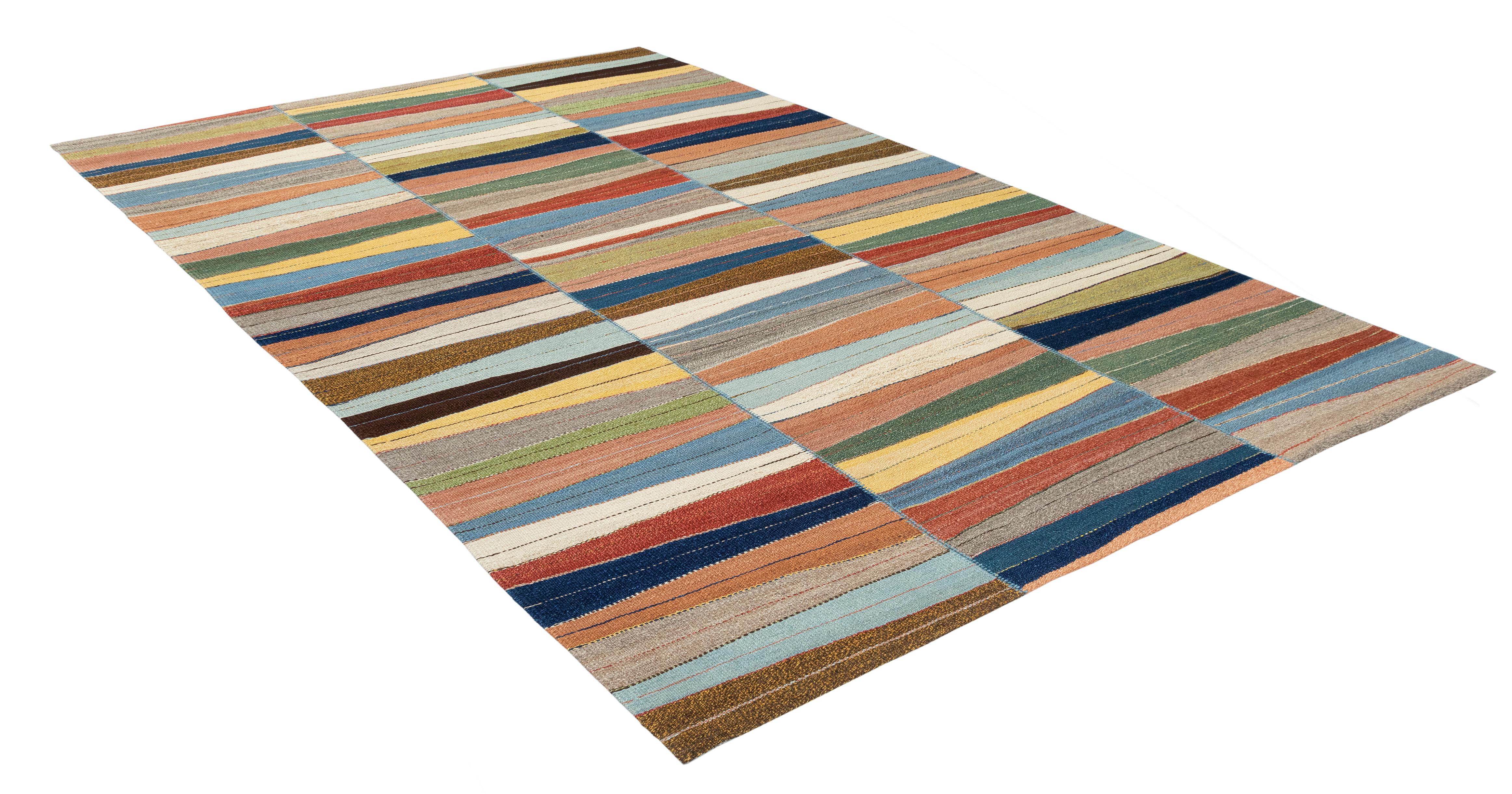 Alfombra Kilim Moderna de Tejido Plano con Patrón Ondulado Multicolor - Lana Tejida a Mano Persa en venta