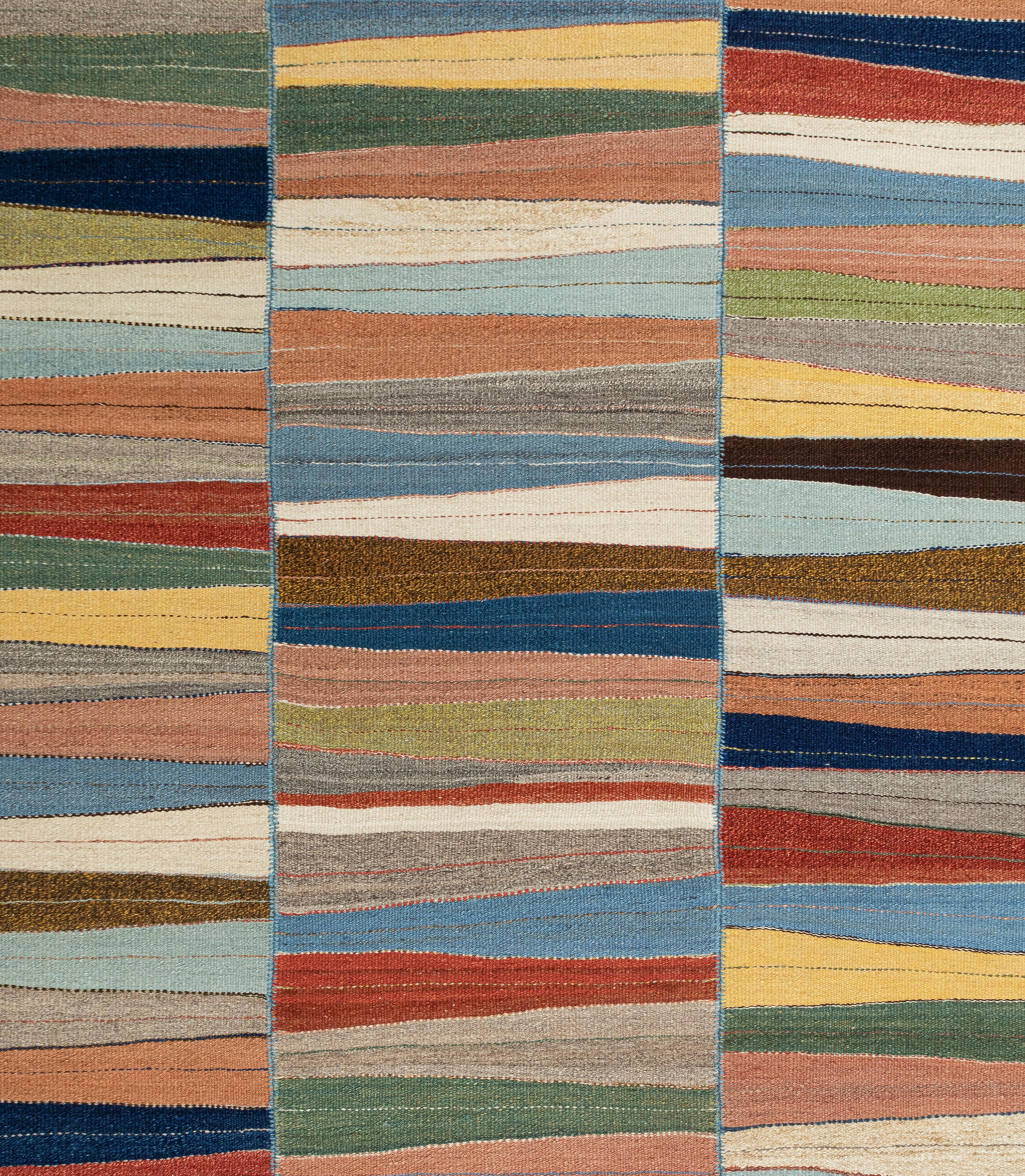 Alfombra Kilim Moderna de Tejido Plano con Patrón Ondulado Multicolor - Lana Tejida a Mano Tejido a mano en venta