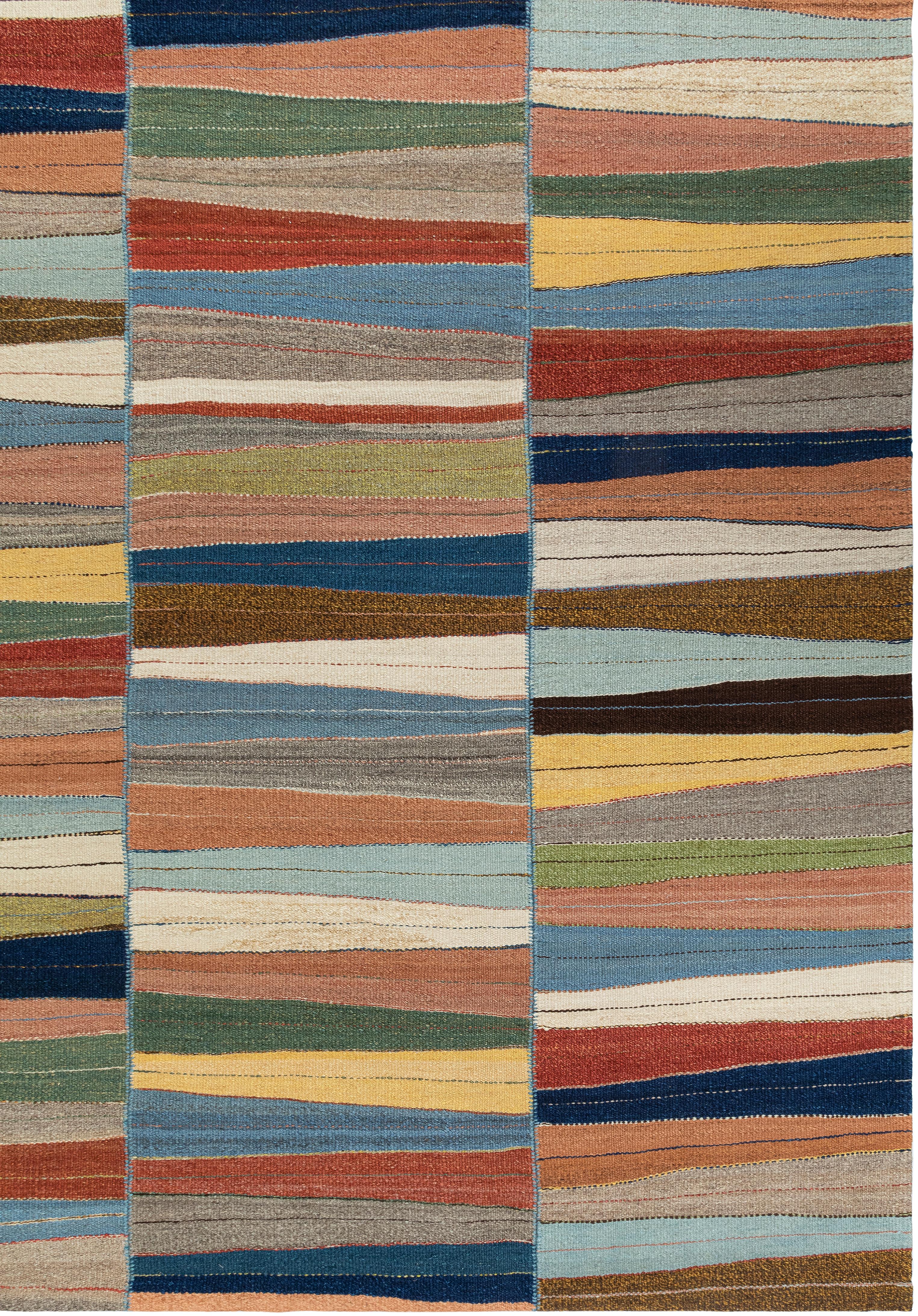 Alfombra Kilim Moderna de Tejido Plano con Patrón Ondulado Multicolor - Lana Tejida a Mano en venta 1