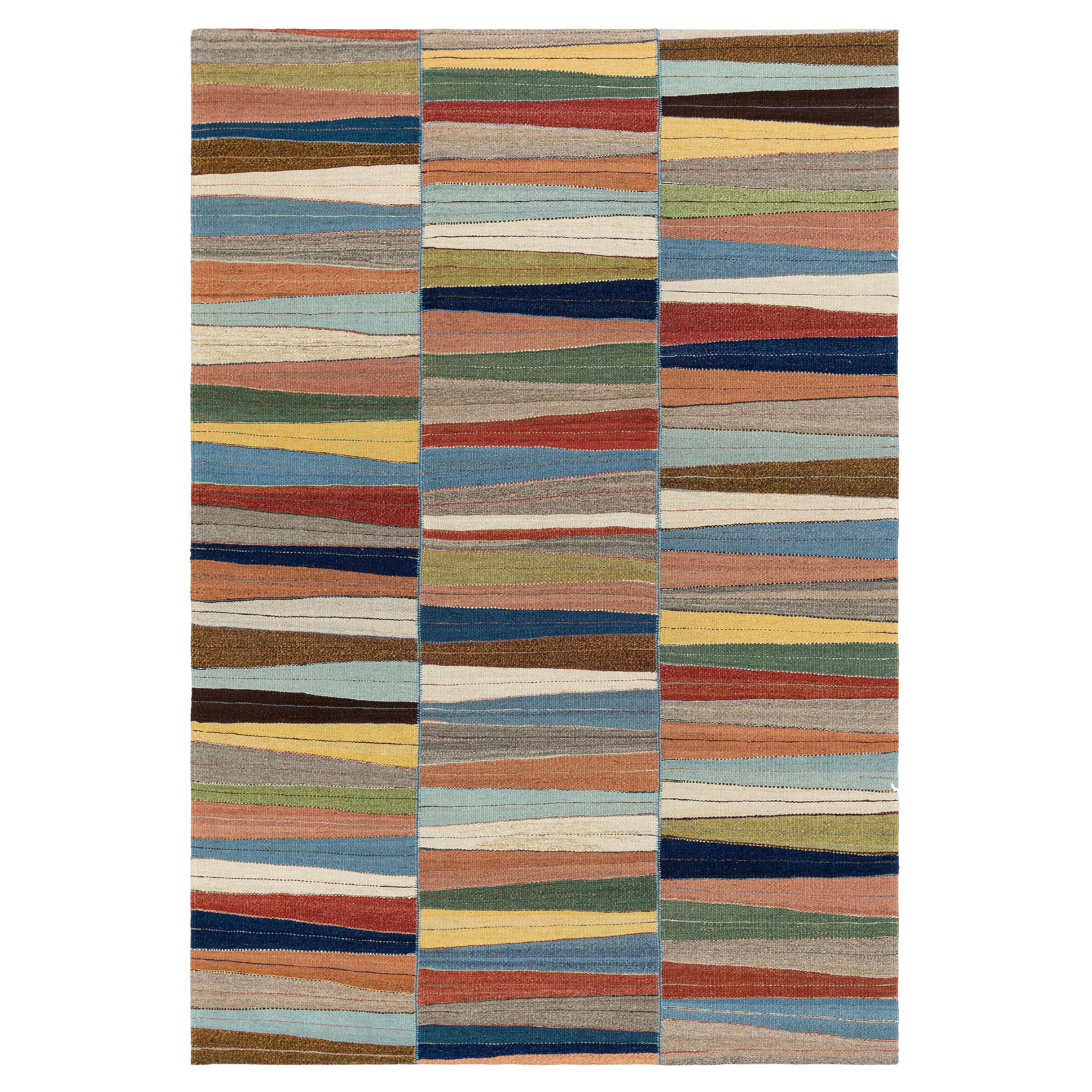 Alfombra Kilim Moderna de Tejido Plano con Patrón Ondulado Multicolor - Lana Tejida a Mano en venta