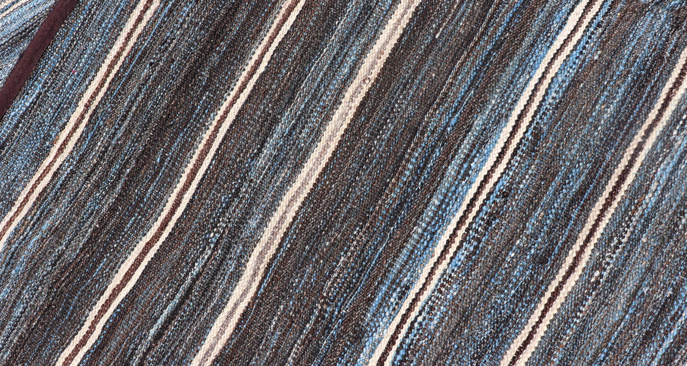 Modern Flatweave Kilim Runner in Wool with Sub-Geometric Stripe Design 4