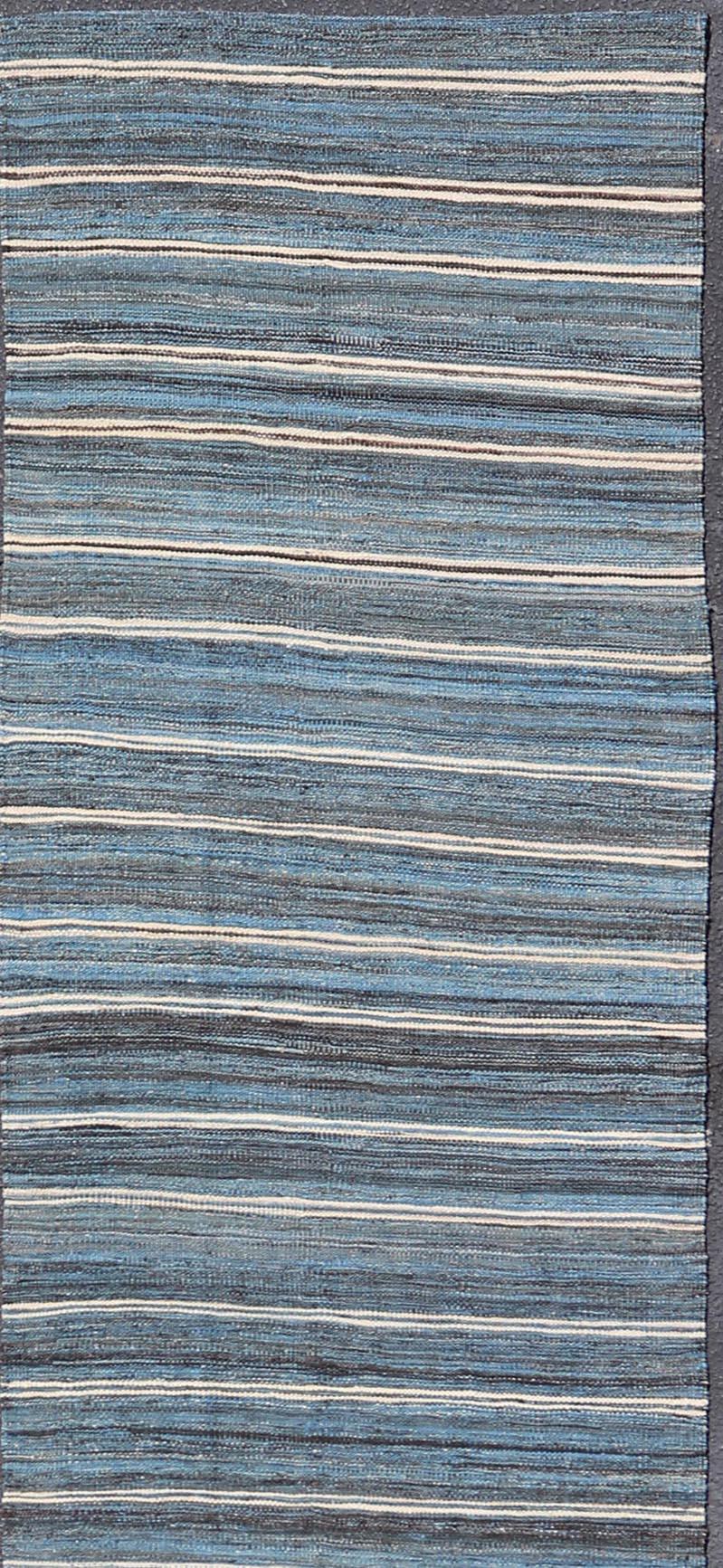 Afghan Modern Flatweave Kilim Runner in Wool with Sub-Geometric Stripe Design
