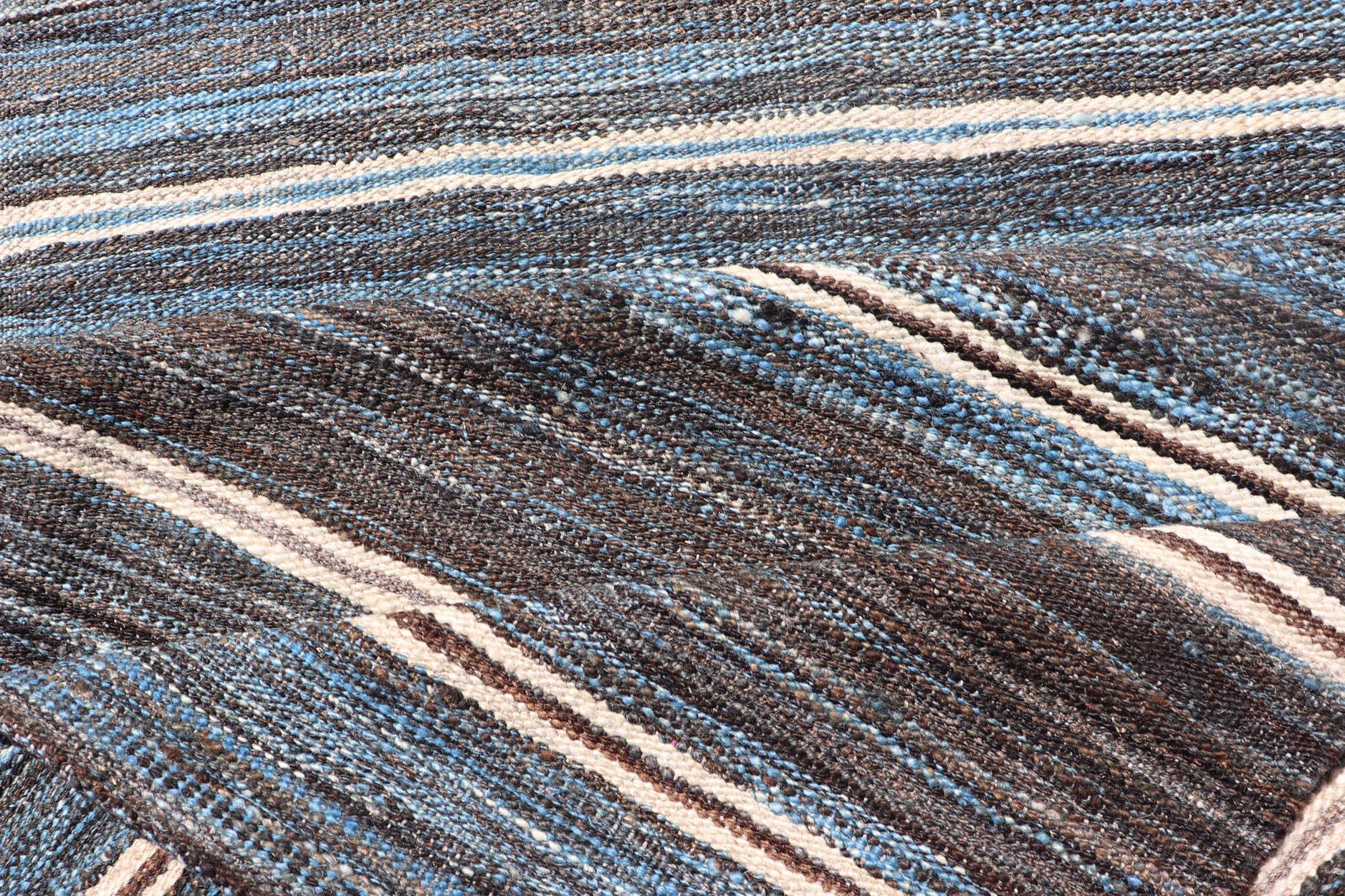 Modern Flatweave Kilim Runner in Wool with Sub-Geometric Stripe Design 3