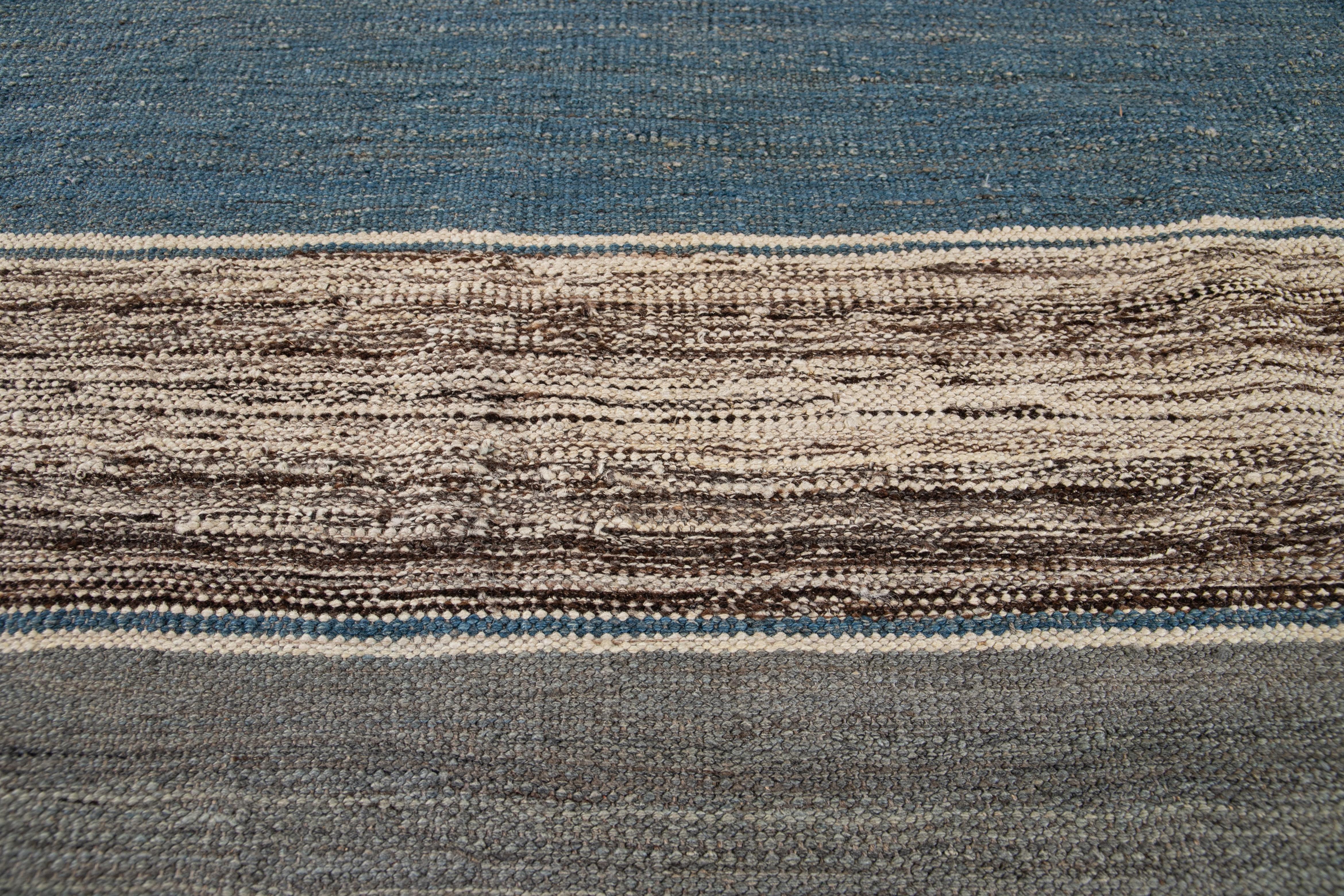 Modern Flat-Weave Kilim Striped Wool Rug For Sale 4