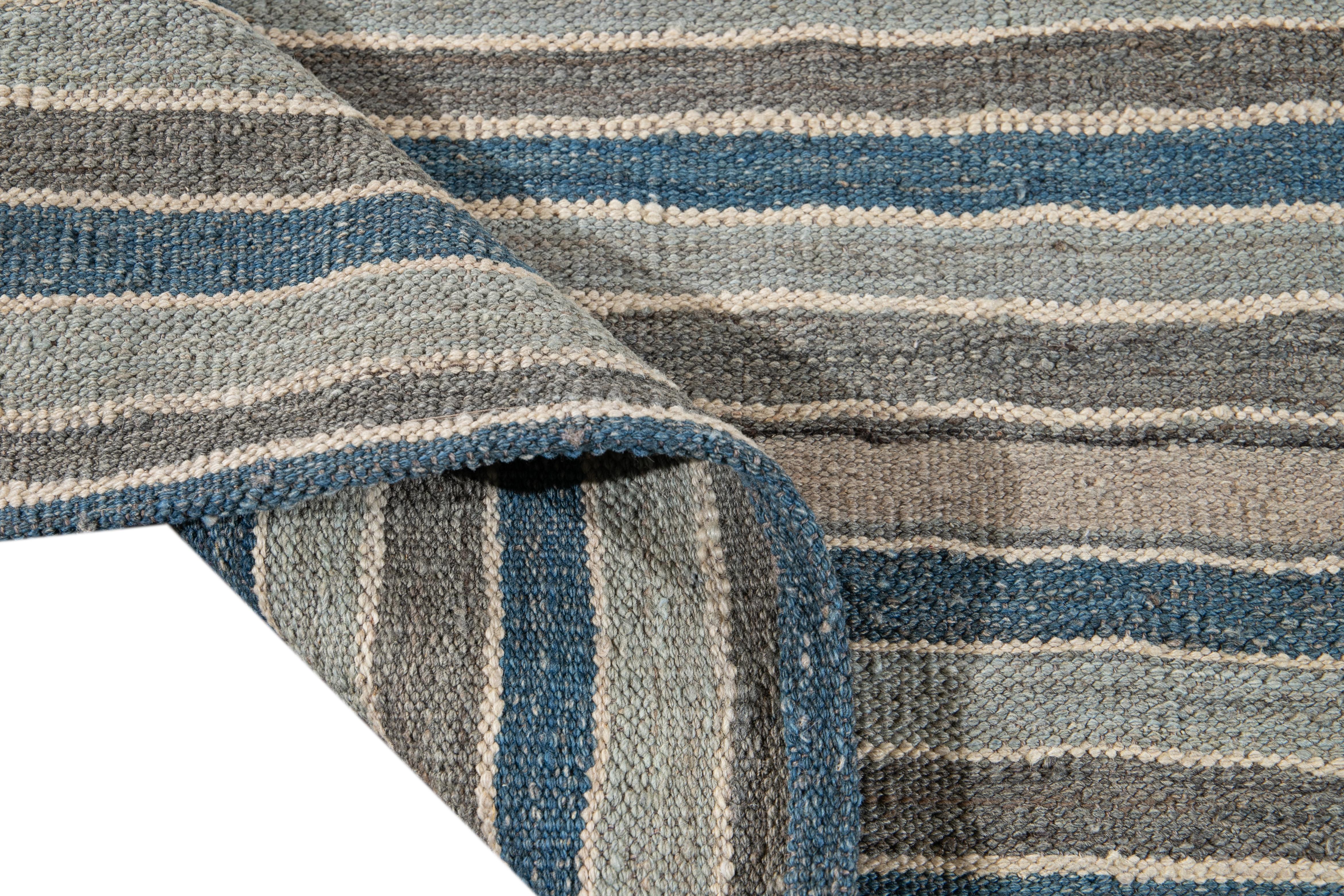 Modern Flat-Weave Kilim Striped Wool Rug For Sale 6