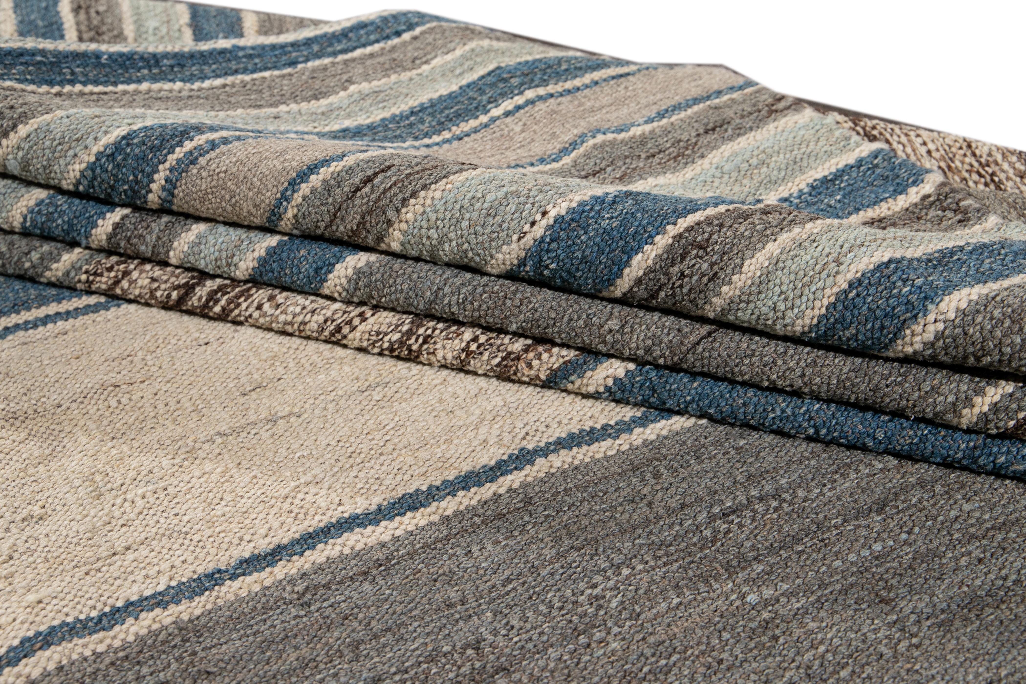 Modern Flat-Weave Kilim Striped Wool Rug For Sale 7