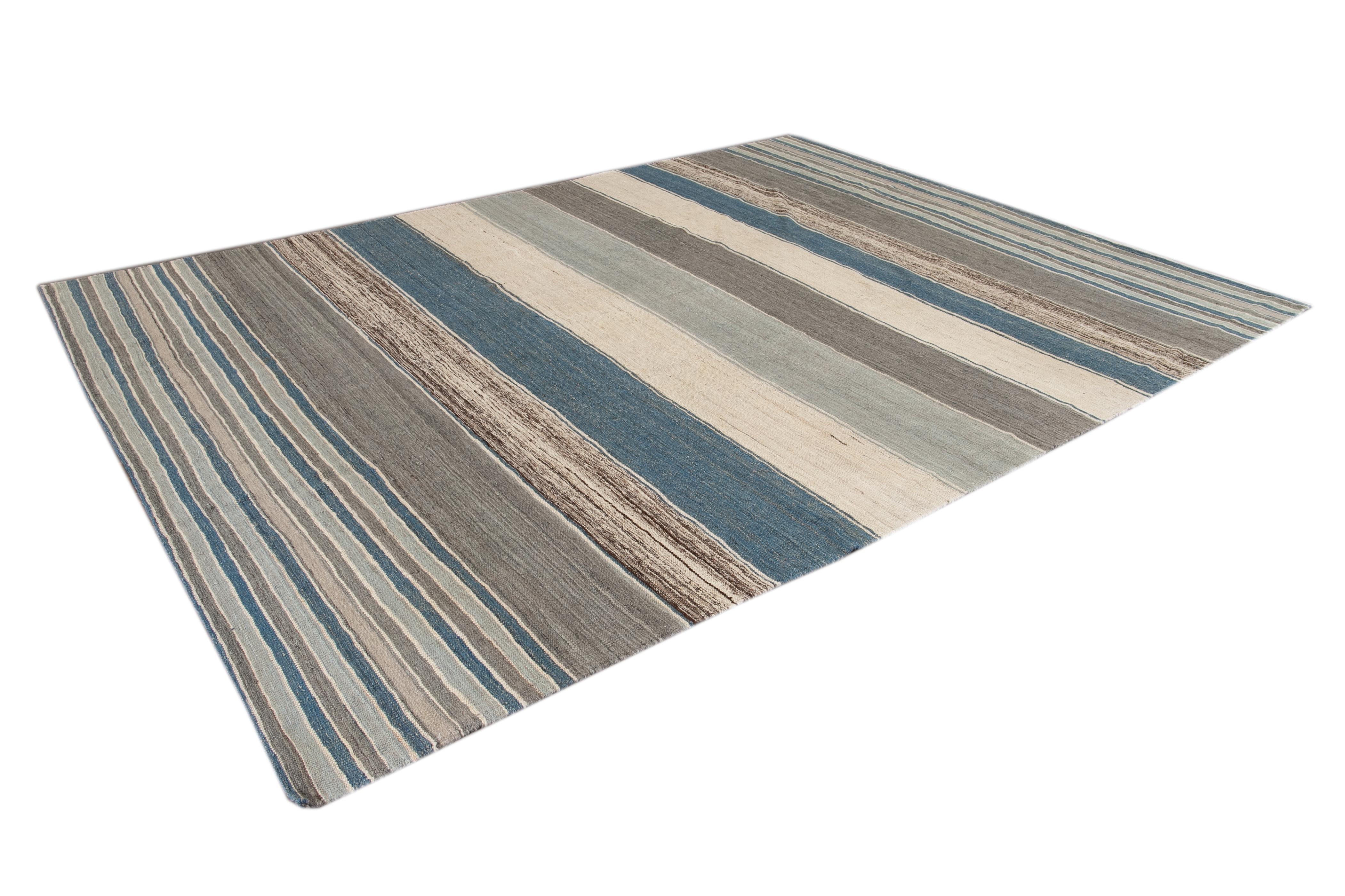 Turkish Modern Flat-Weave Kilim Striped Wool Rug For Sale