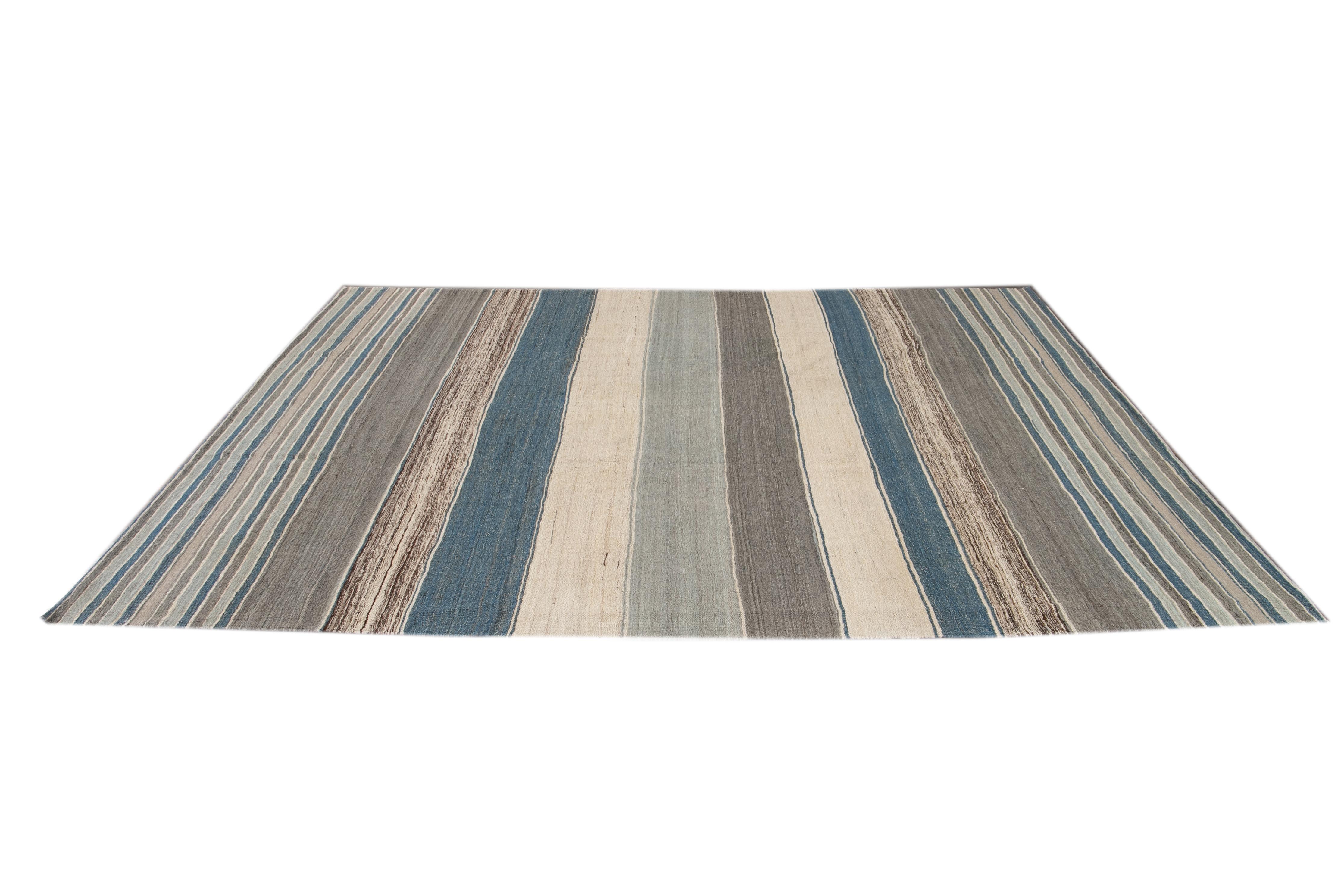 Contemporary Modern Flat-Weave Kilim Striped Wool Rug For Sale