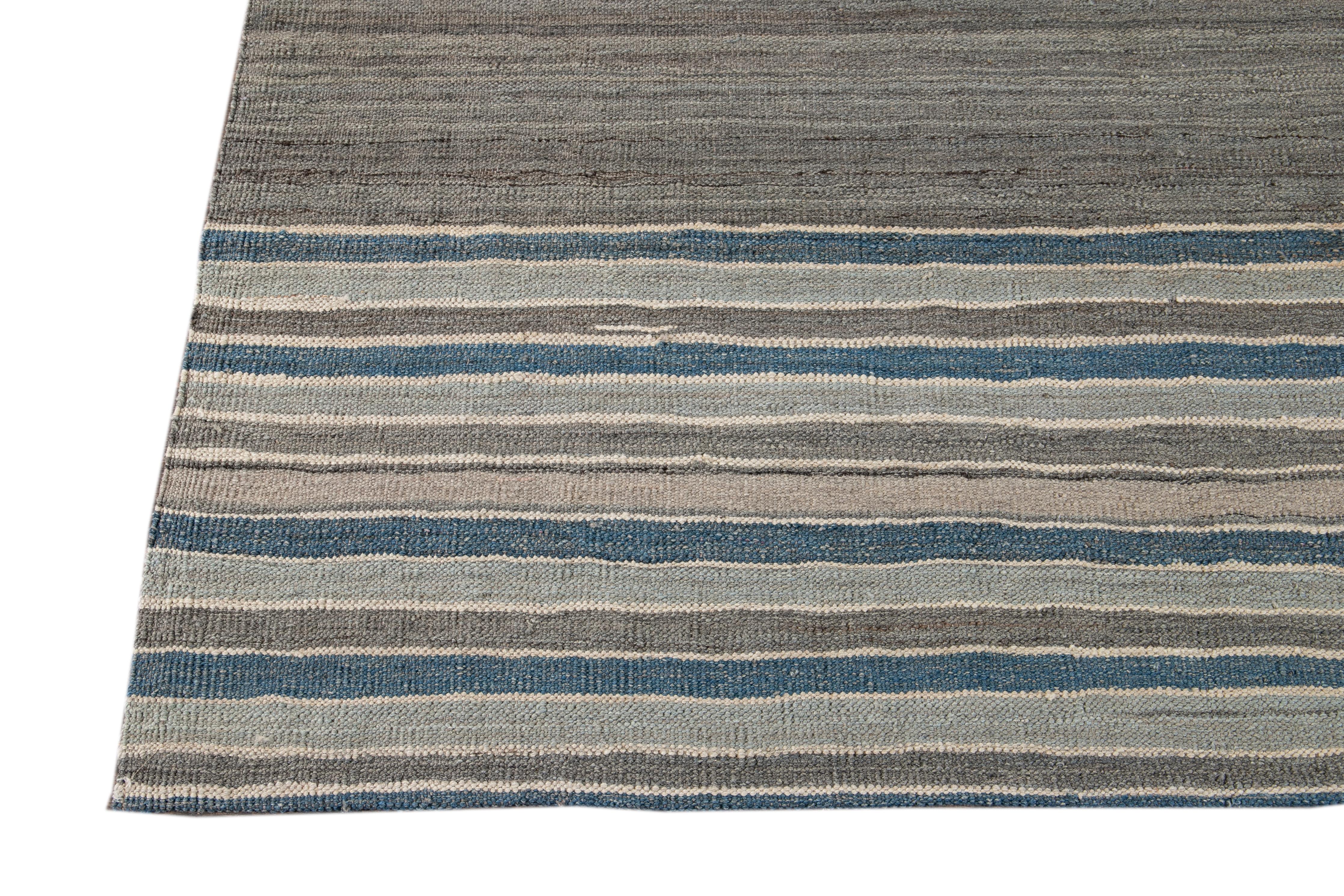 Modern Flat-Weave Kilim Striped Wool Rug For Sale 1