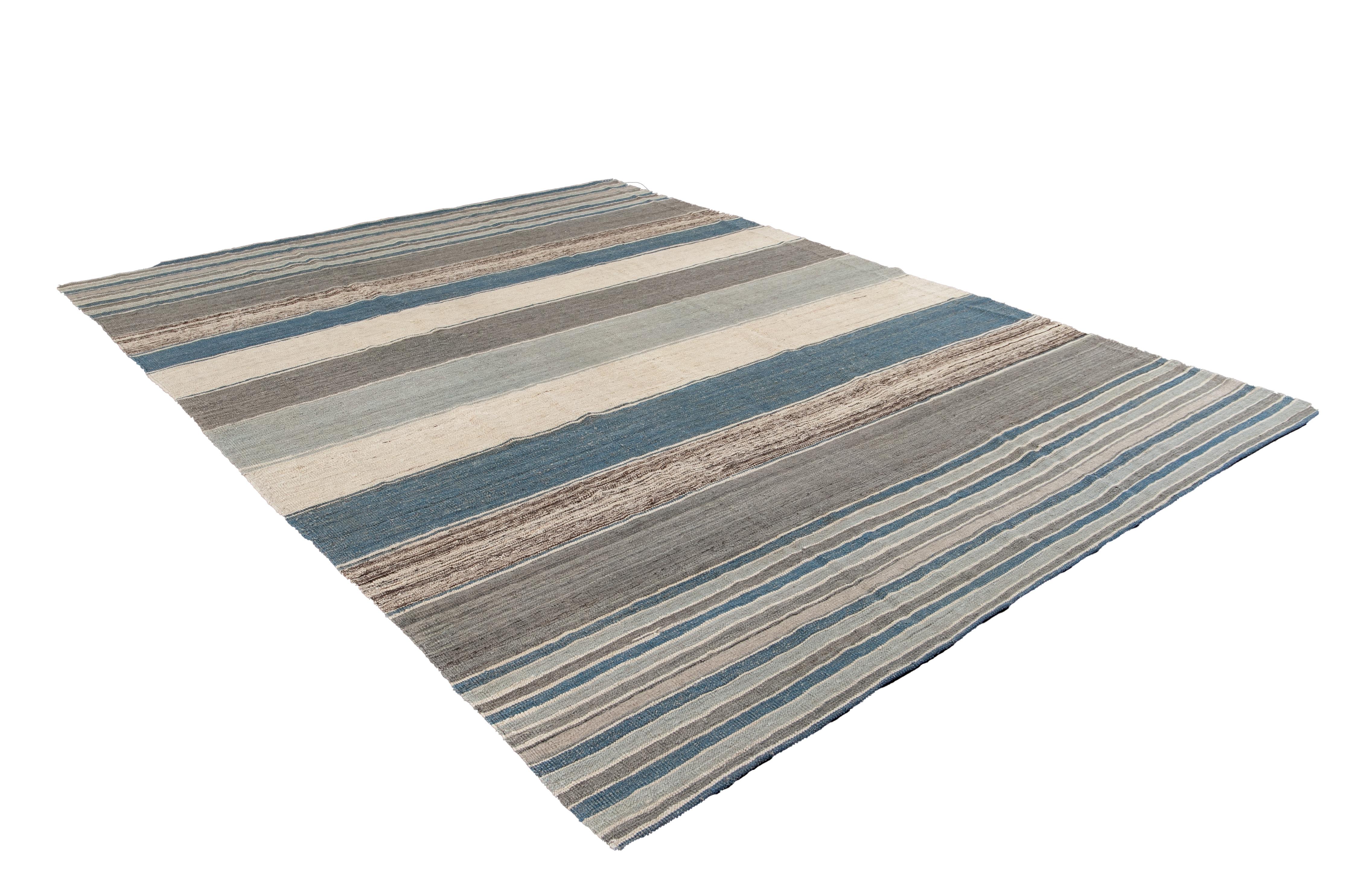 Modern Flat-Weave Kilim Striped Wool Rug For Sale 3