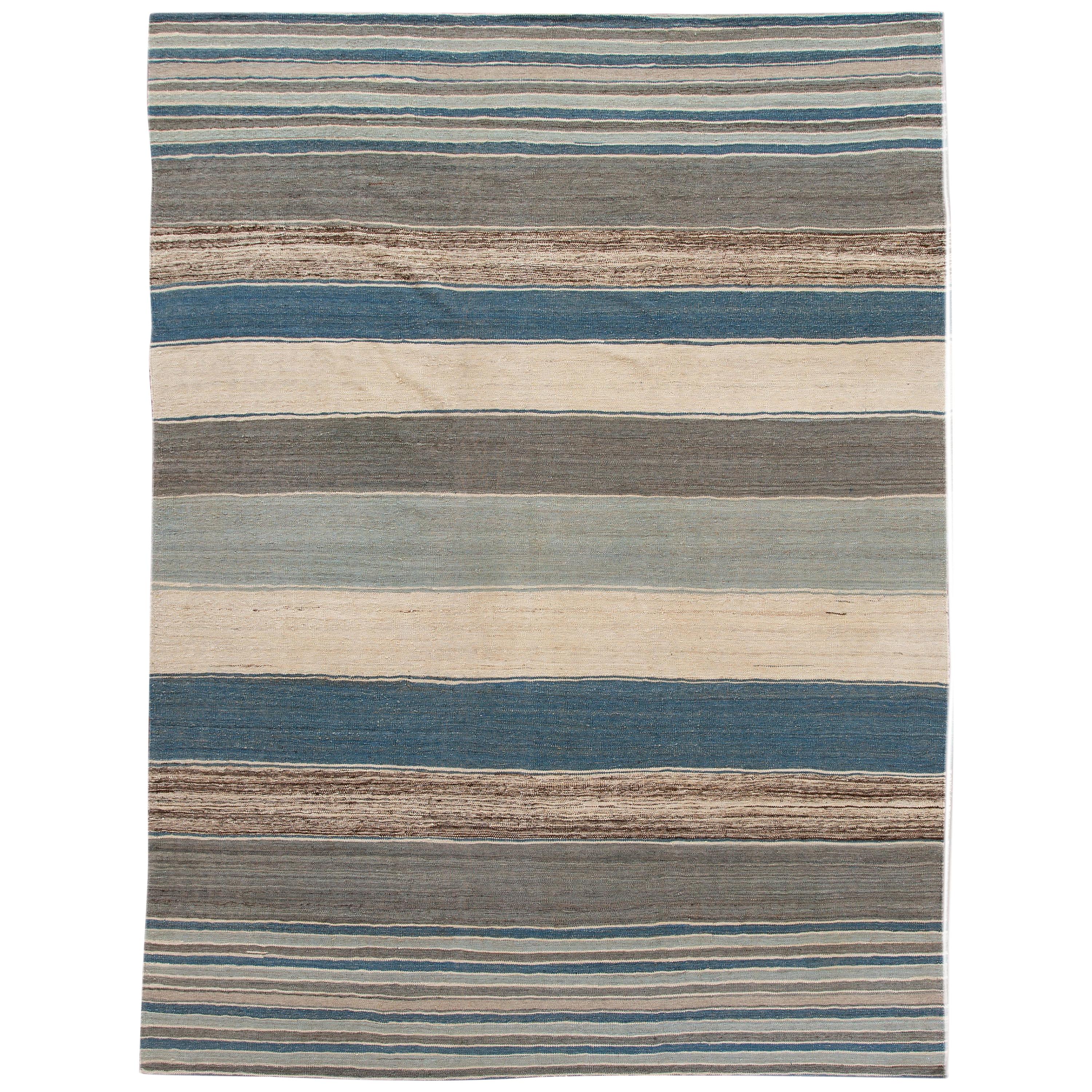 Modern Flat-Weave Kilim Striped Wool Rug For Sale