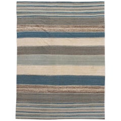 Modern Flat-Weave Kilim Striped Wool Rug