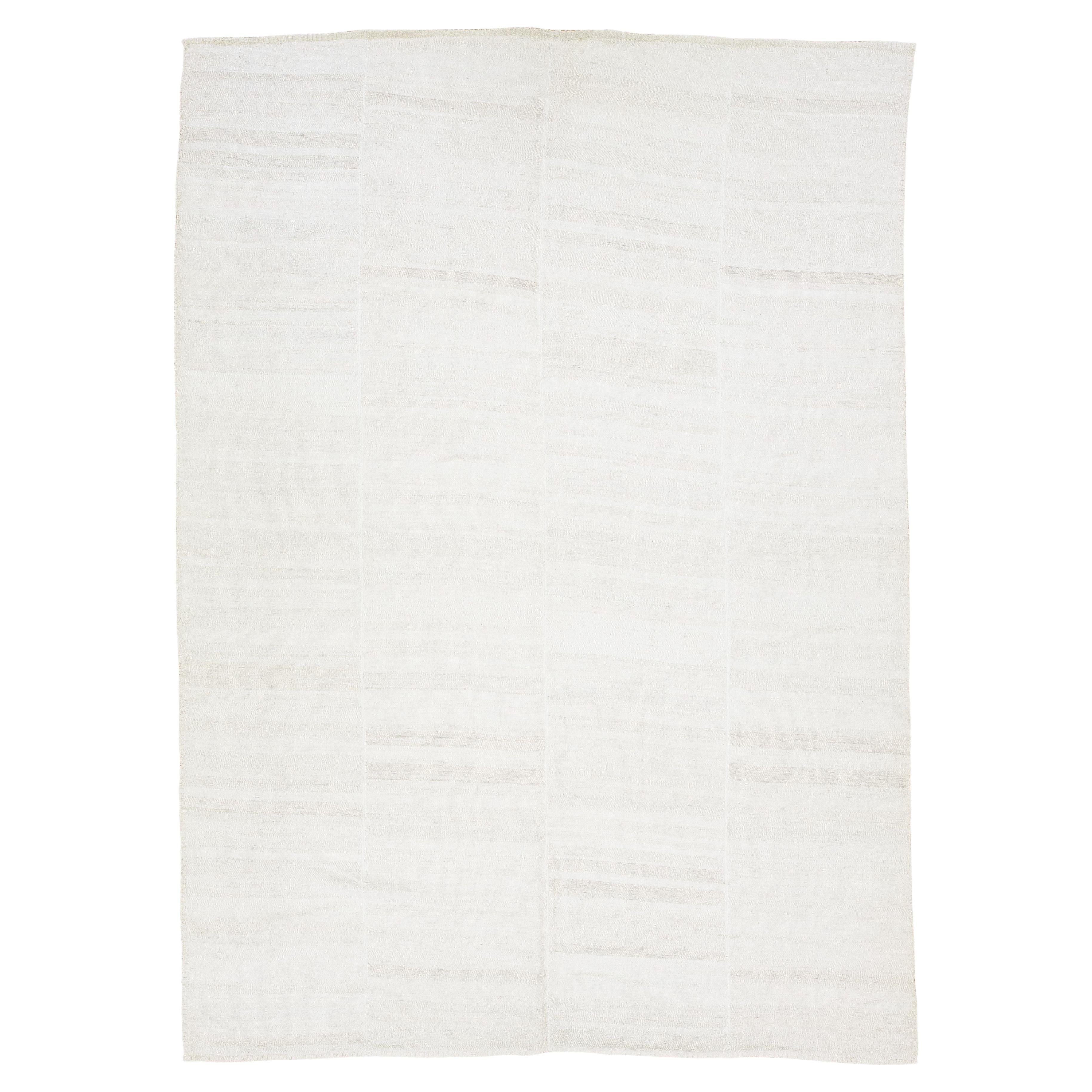 Modern Flatweave kilim Wool rug Designed In Ivory With Stripe Pattern