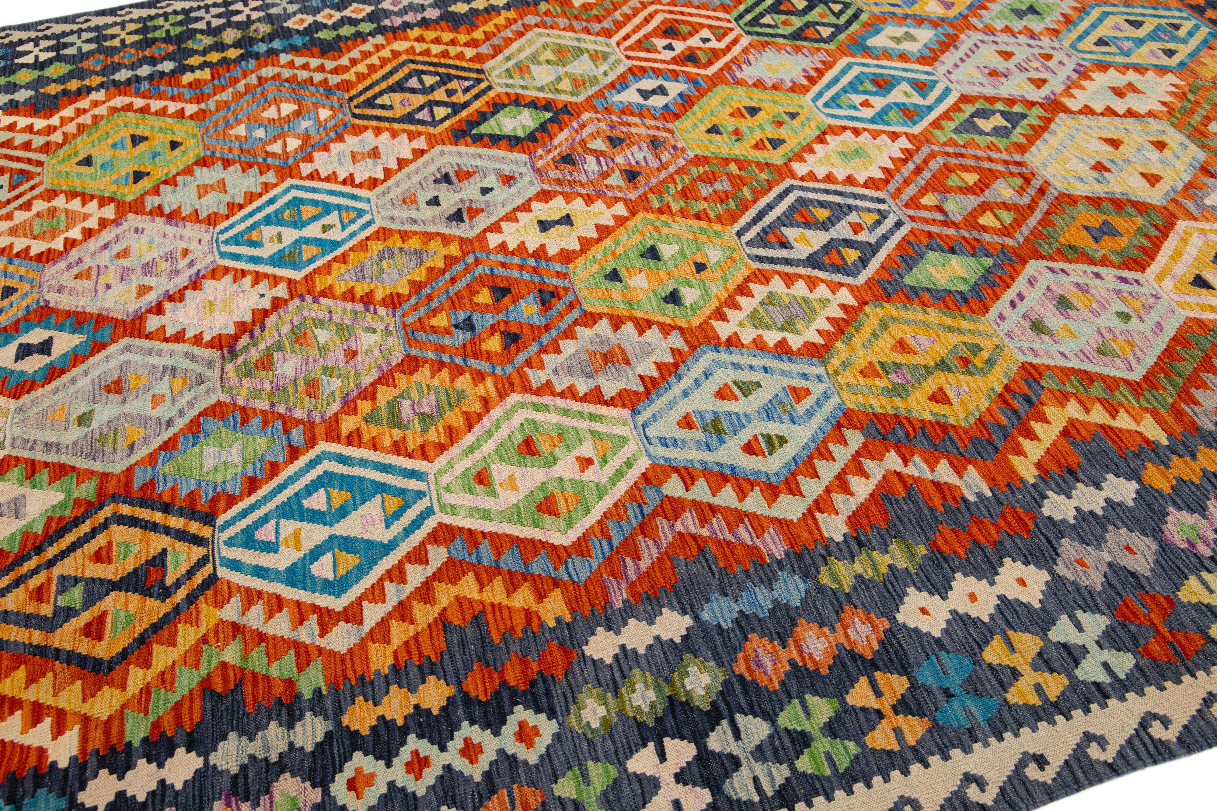 Turkish Modern Flatweave Kilim Wool Rug with Allover Multicolor Design For Sale
