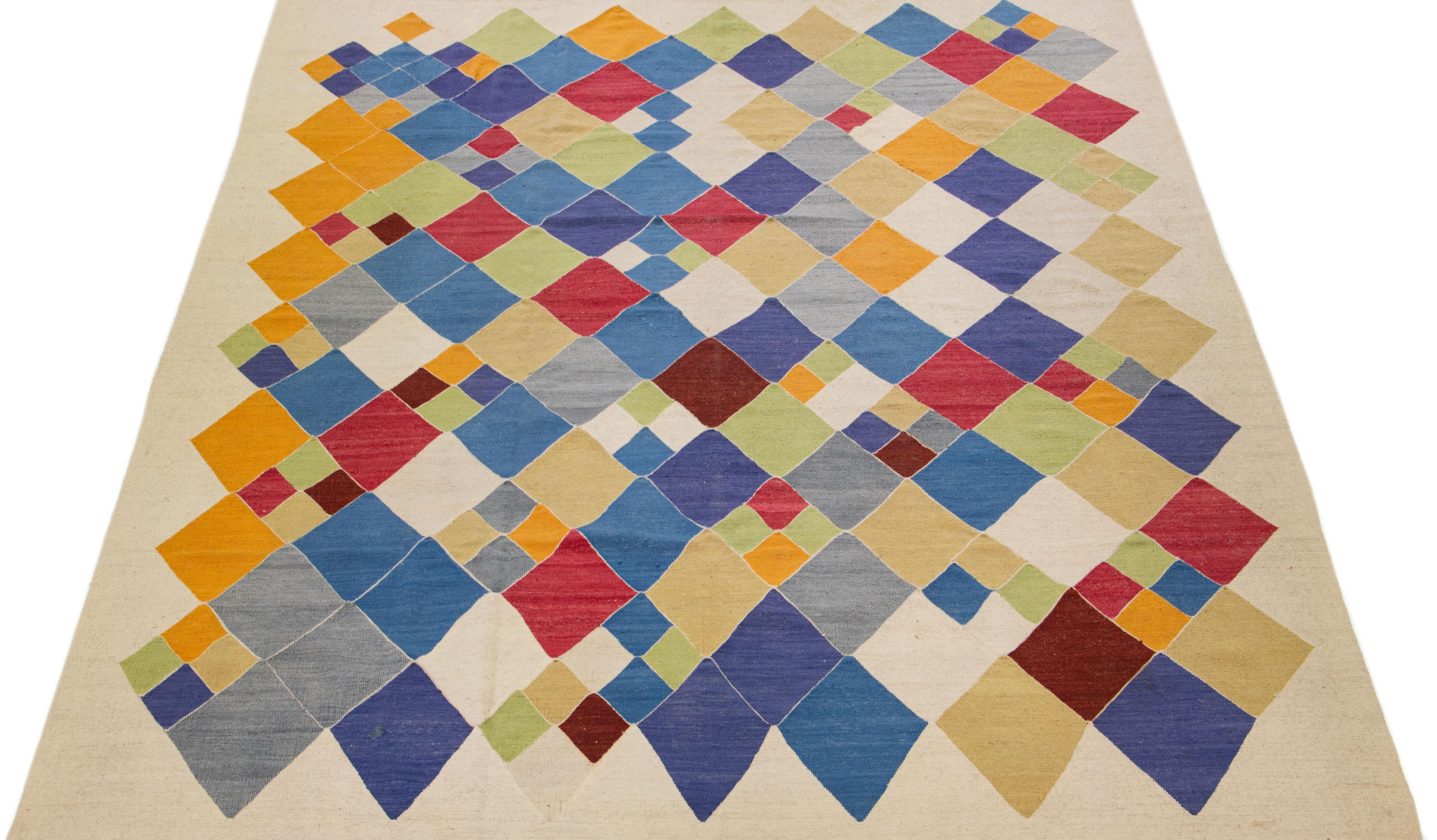 Turkish Modern Flatweave Kilim Wool Rug with Multicolor Geometric Design For Sale