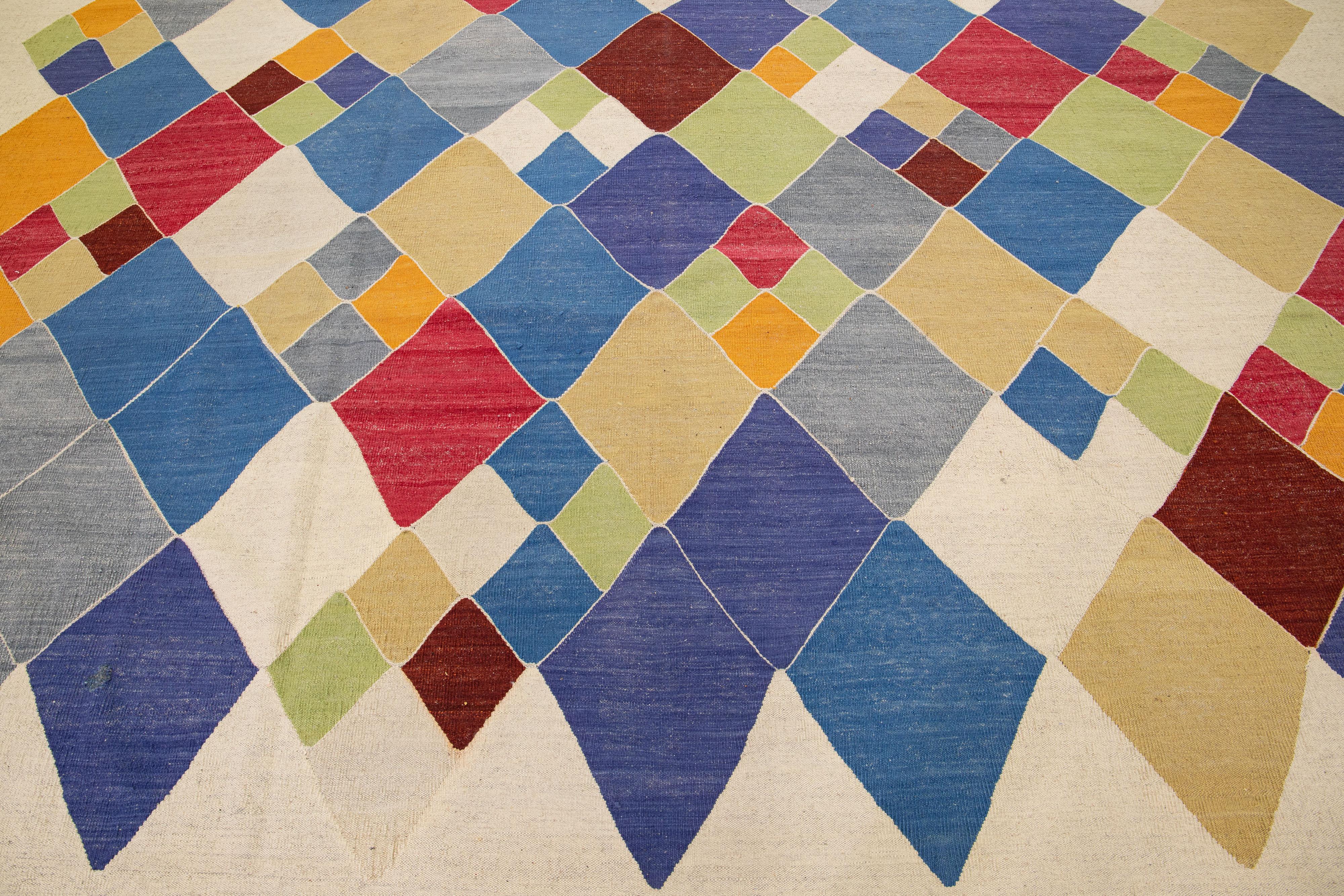 Contemporary Modern Flatweave Kilim Wool Rug with Multicolor Geometric Design For Sale