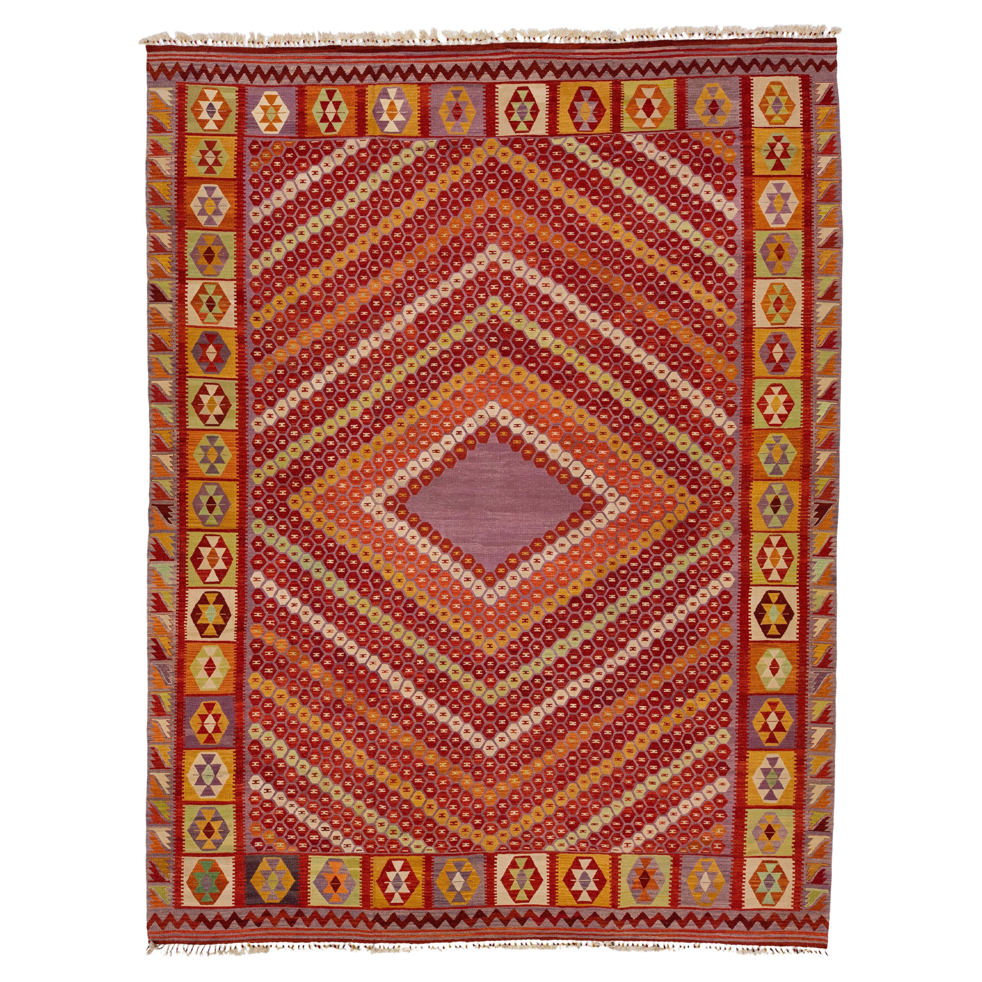 Modern Flatweave Kilim Wool Rug with Multicolor Geometric Design For Sale