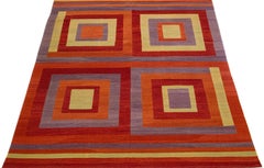 Modern Flatweave Kilim Wool Rug with Multicolored Geometric Motif