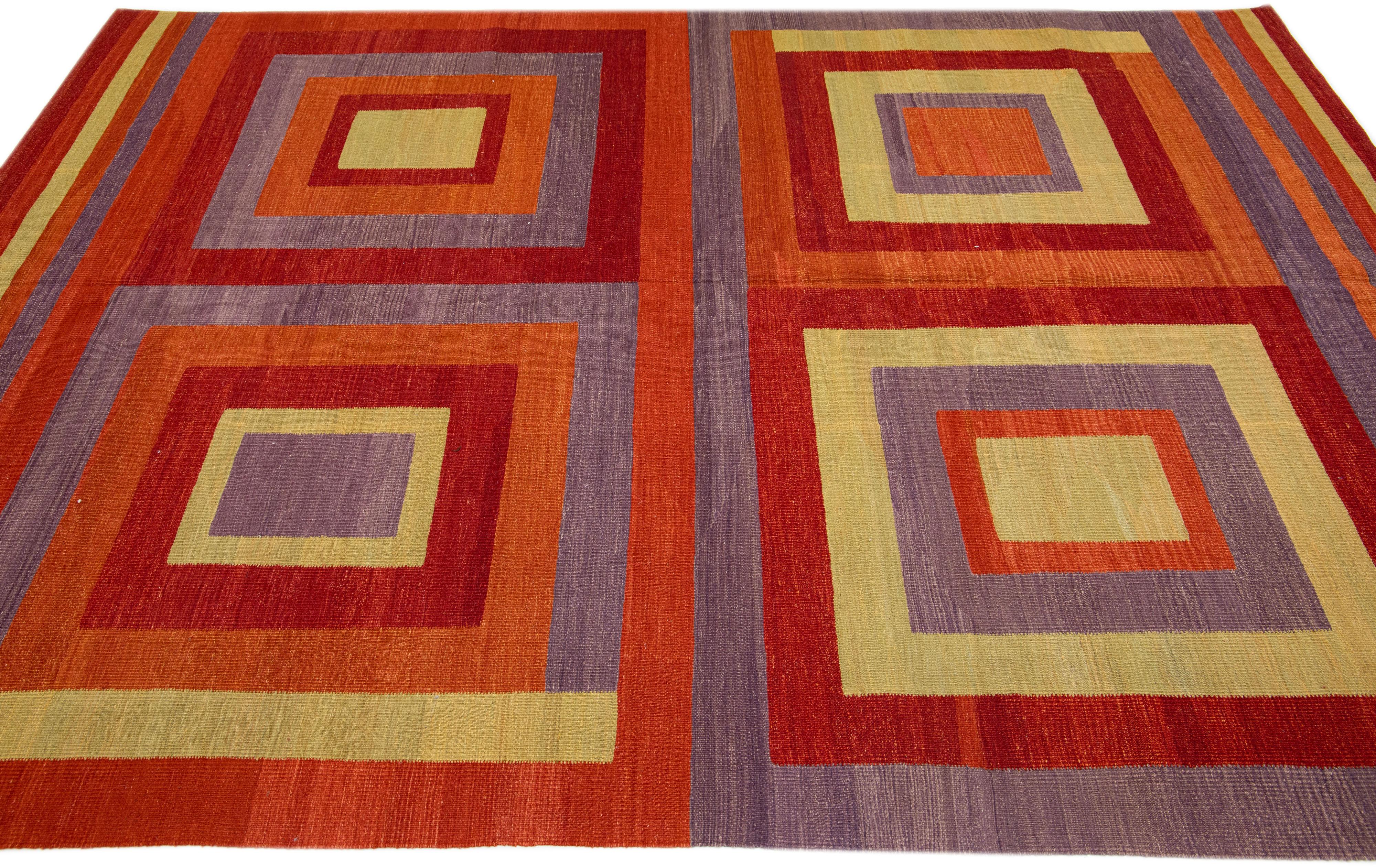 Hand-Knotted Modern Flatweave Kilim Wool Rug with Multicolored Geometric Motif For Sale