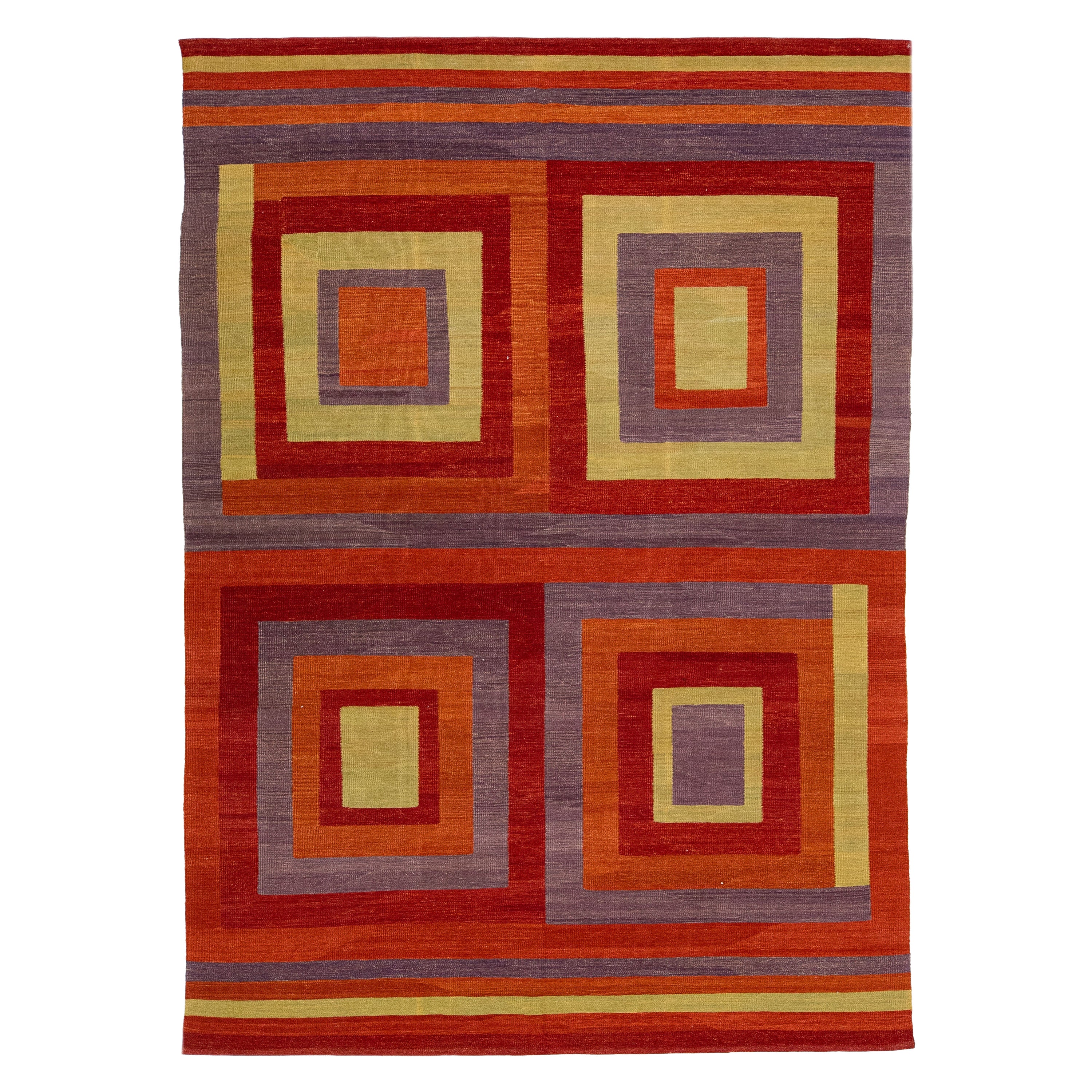 Modern Flatweave Kilim Wool Rug with Multicolored Geometric Motif